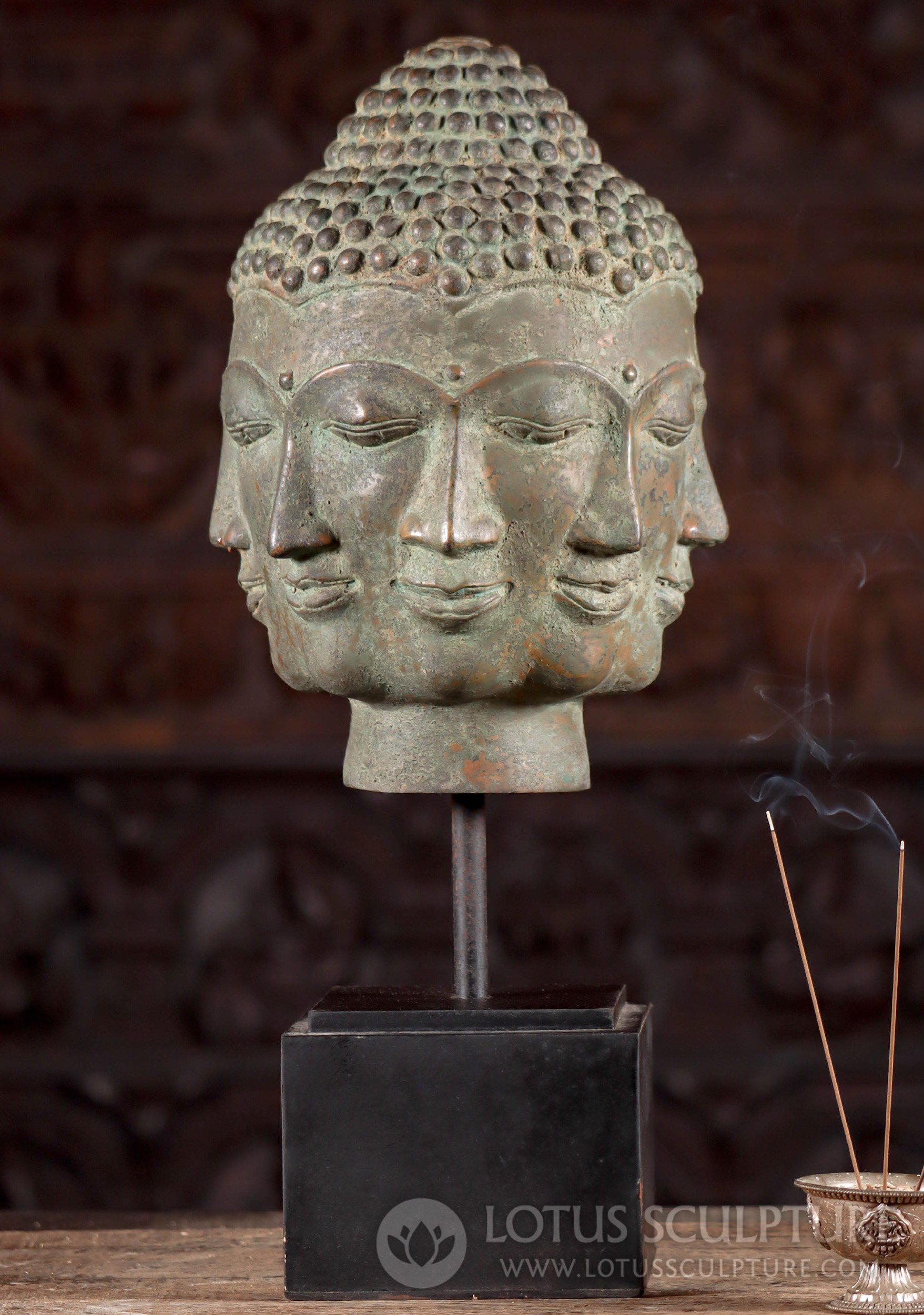 Buddha Head Statue with 8 Faces - Indonesian Brass with Antique Green Patina 20"