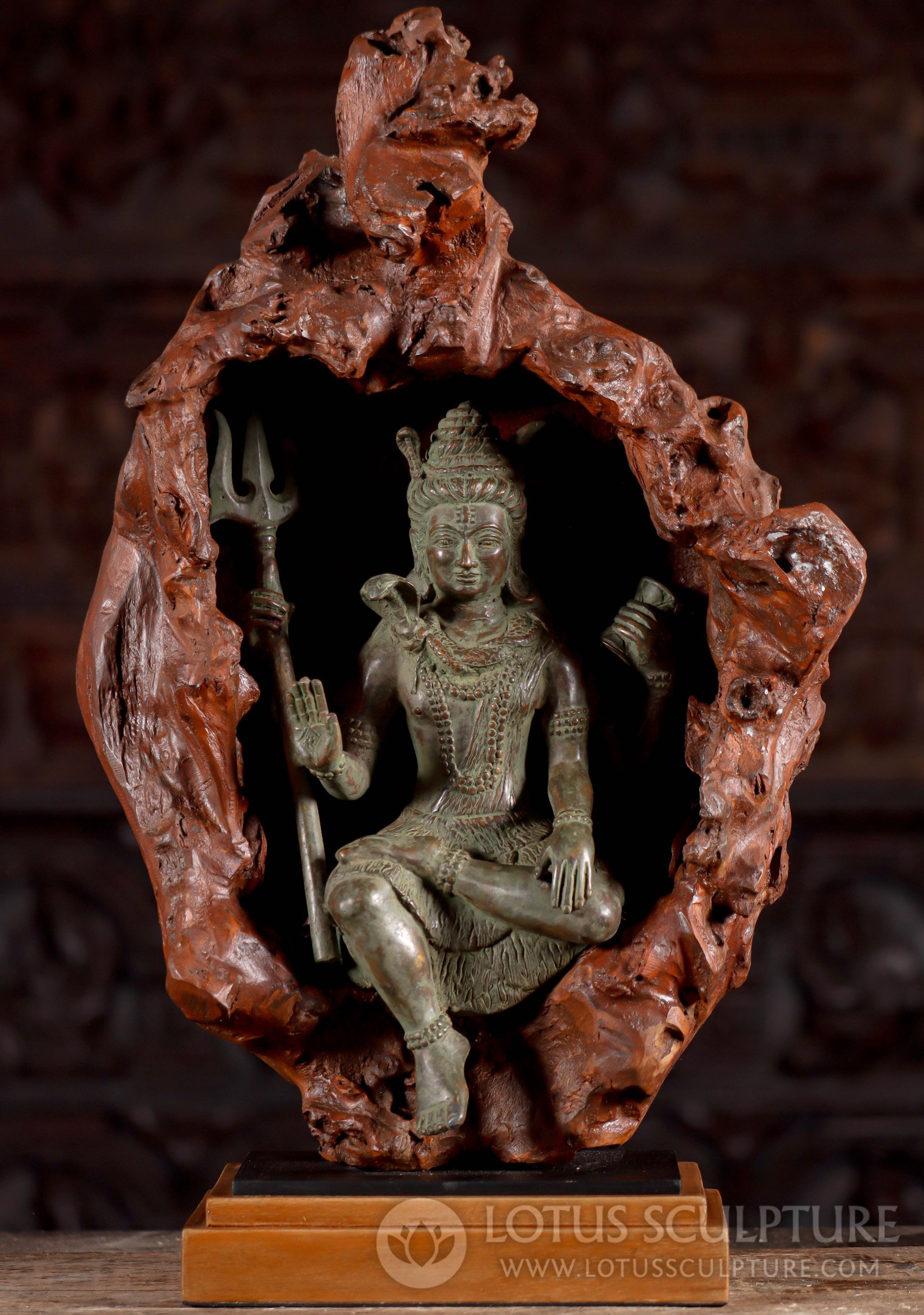 Shiva Statue in Natural Wood Alcove with Trident and Drum, Indonesian Brass 23"