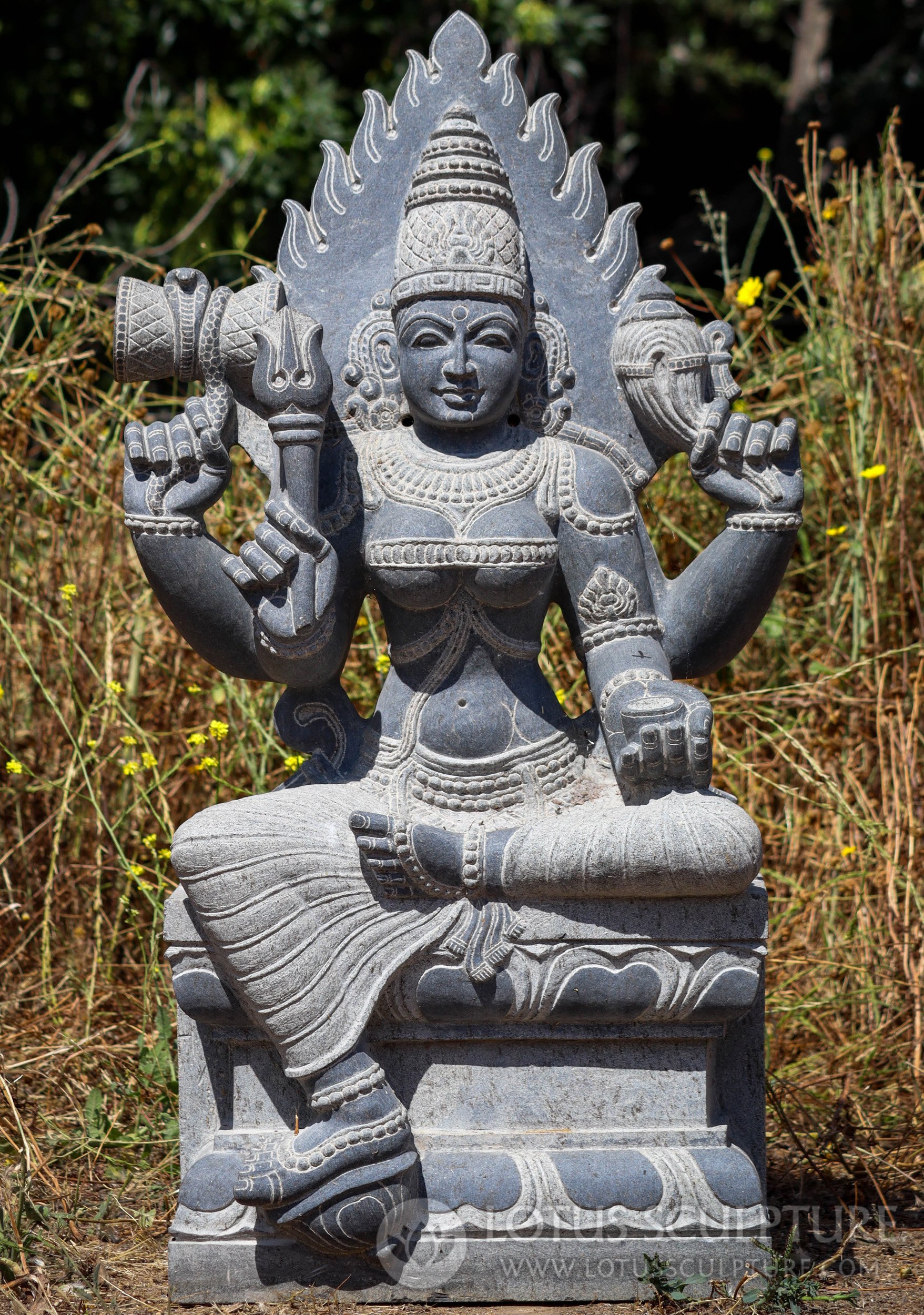 Shakti Mariamann Granite Garden Sculpture with Flaming Halo & Skull Cup 43"