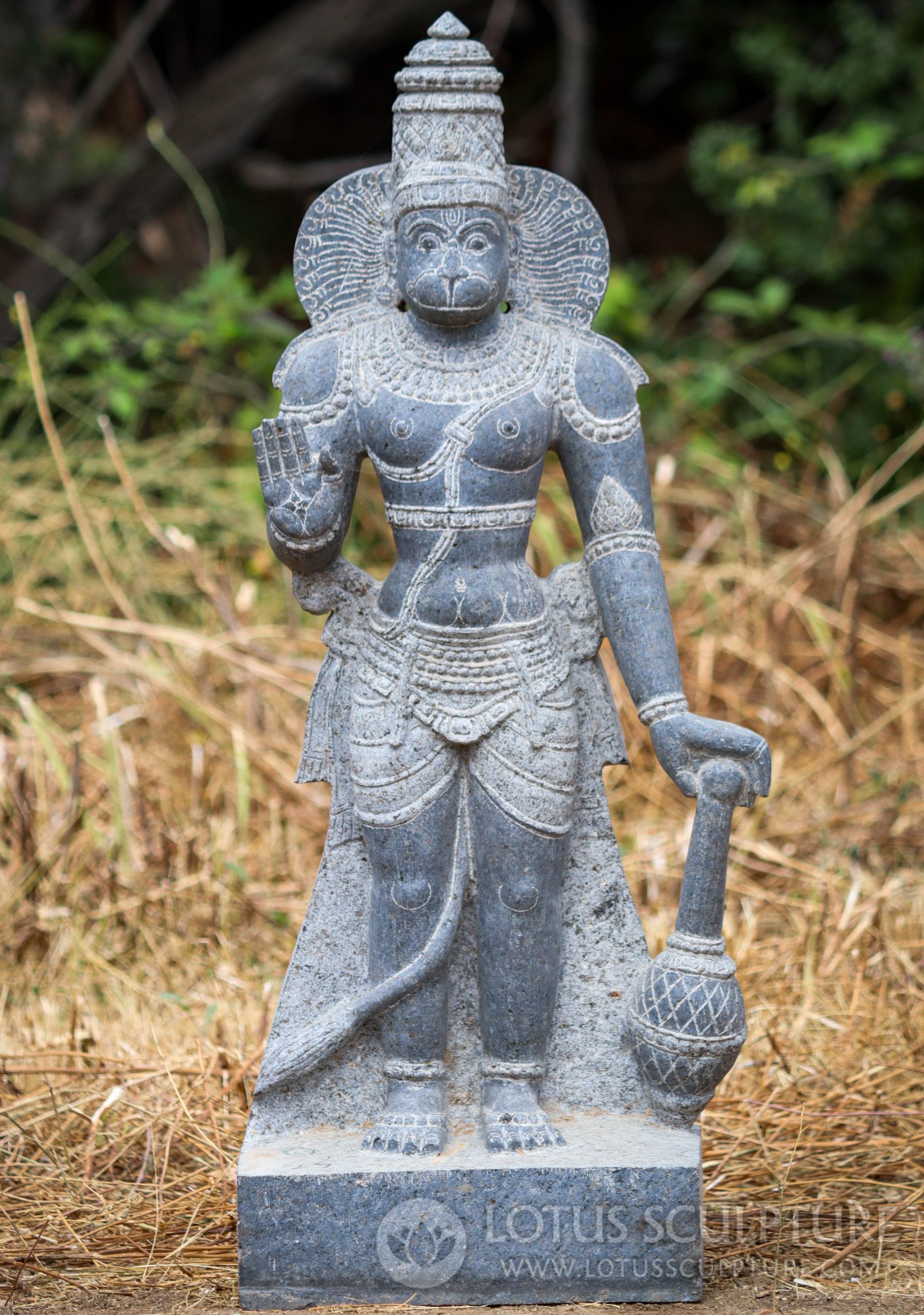 Black Granite Hand-Carved Hanuman Statue with Gada and Abhaya Mudra 36"