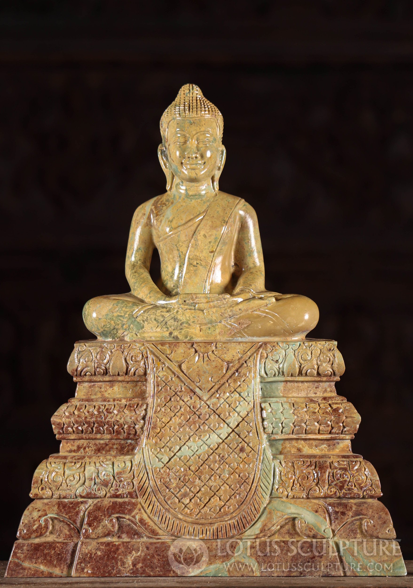 Buddha Meditation Sculpture - Intricate Five-Tier Base, Colored Cambodian Marble 18"