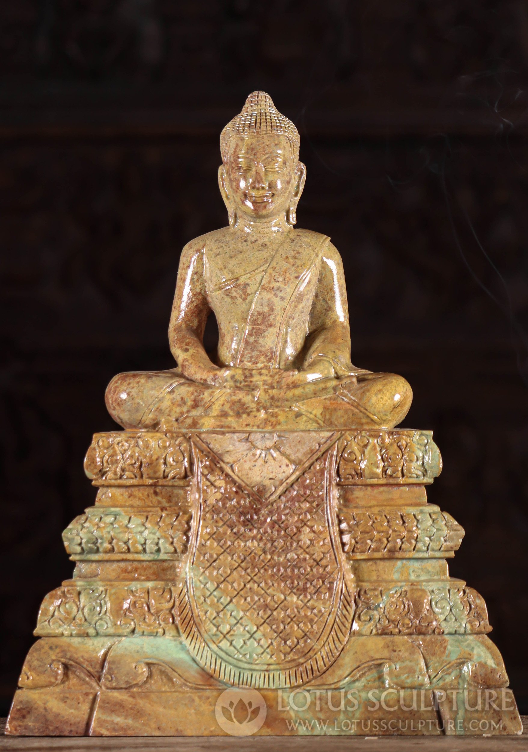 Buddha Meditation Sculpture - Intricate Five-Tier Base, Colored Cambodian Marble 18"