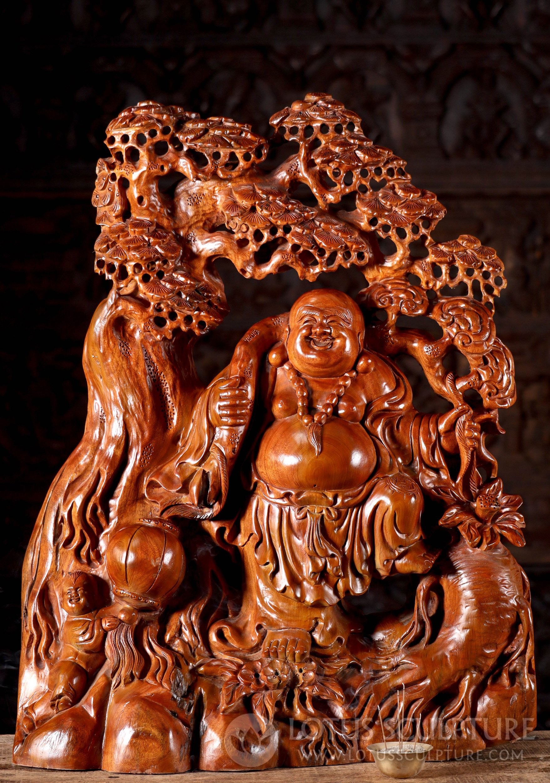 Fat Buddha of Wealth Sculpture Dancing Under Bodhi Tree Hand Carved Wood 30.5"