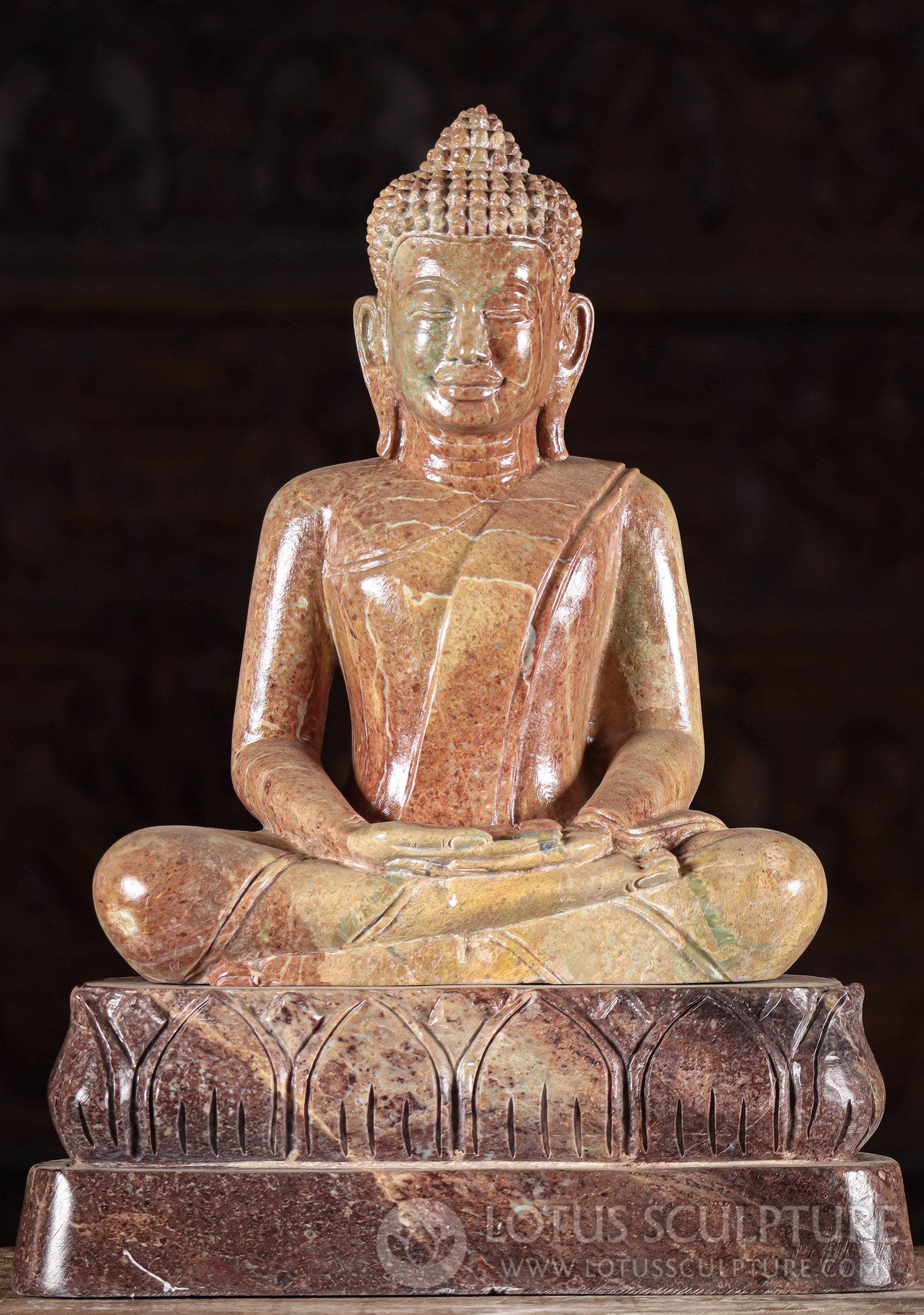 Buddha Statue - Cambodian Multicolored Marble in the Meditation Mudra on a Lotus Base 19.5"