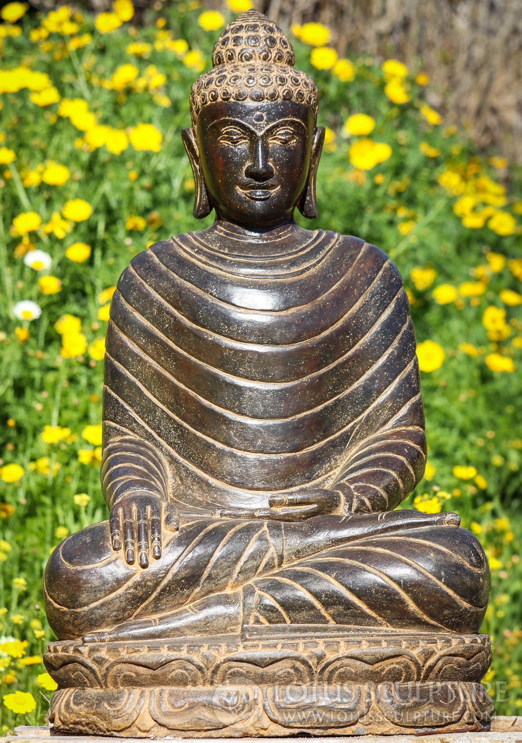 Buddha Sculpture Saffron Colored Lava Stone Seated in Earth Touching Mudra 31"