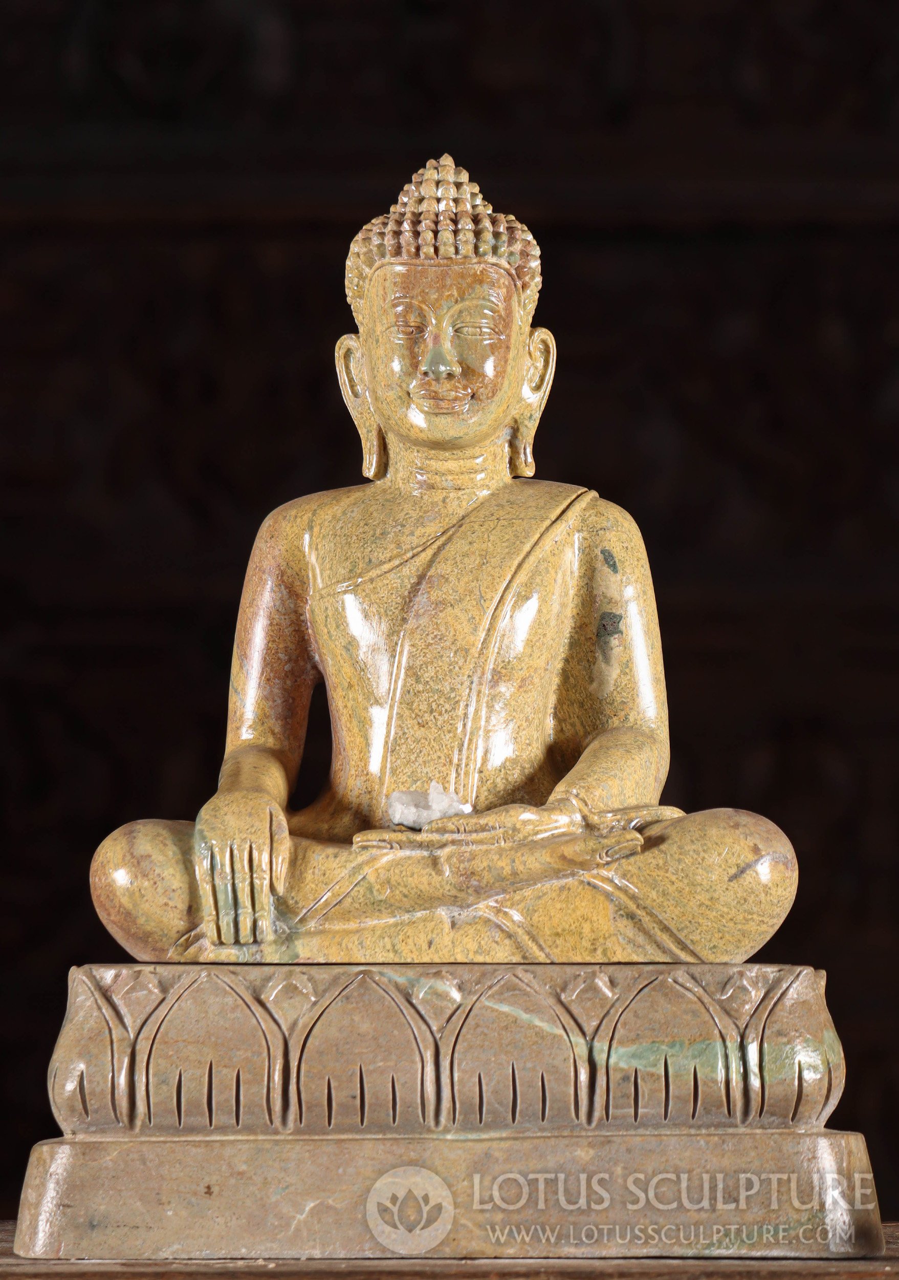 Buddha Sculpture - Cambodian Yellow Marble, Earth Touching Mudra, Serene Half Lotus Pose 19"