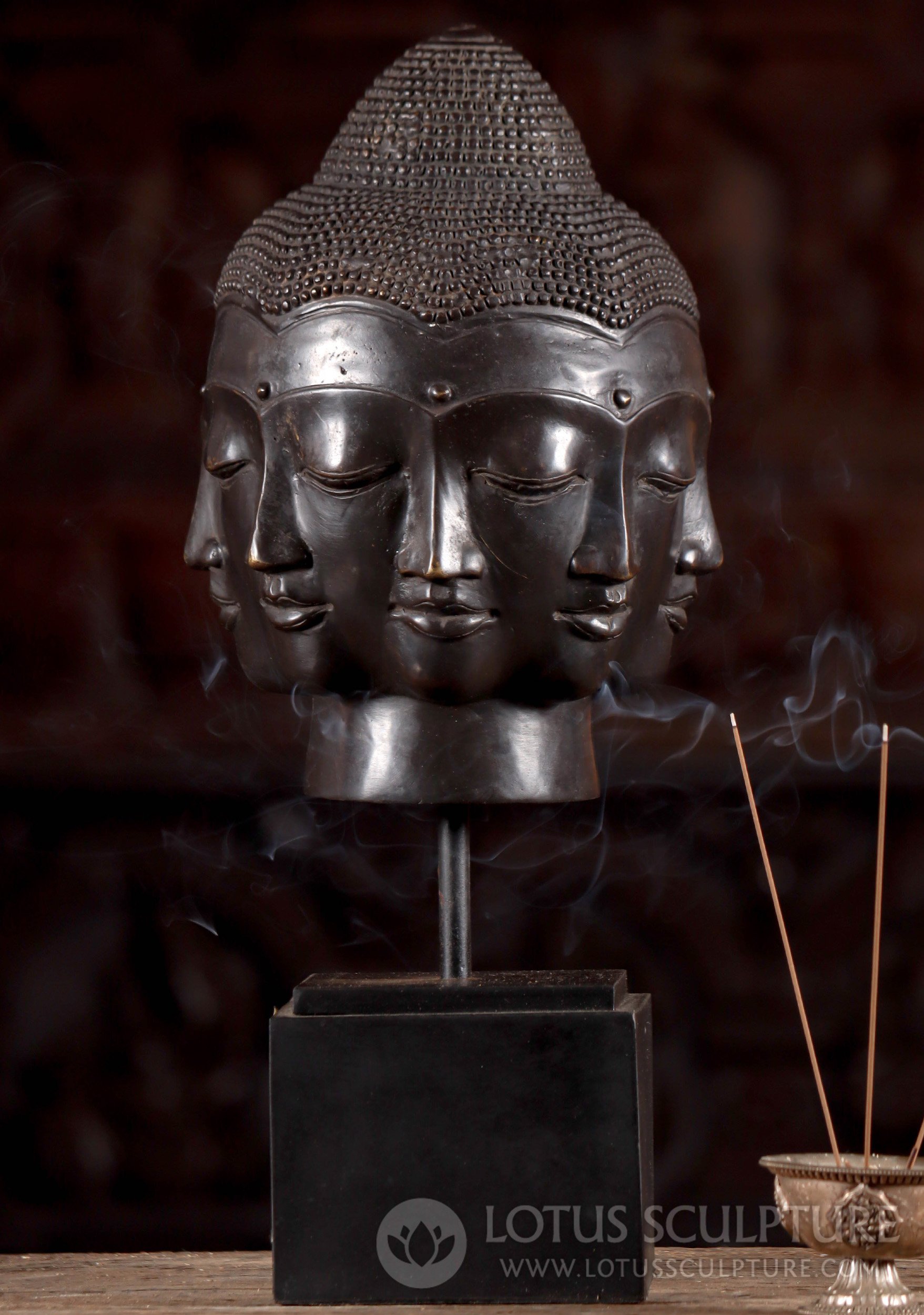 Buddha Head with 8 Faces - Indonesian Brass Statue with Dark Brown Patina 17"