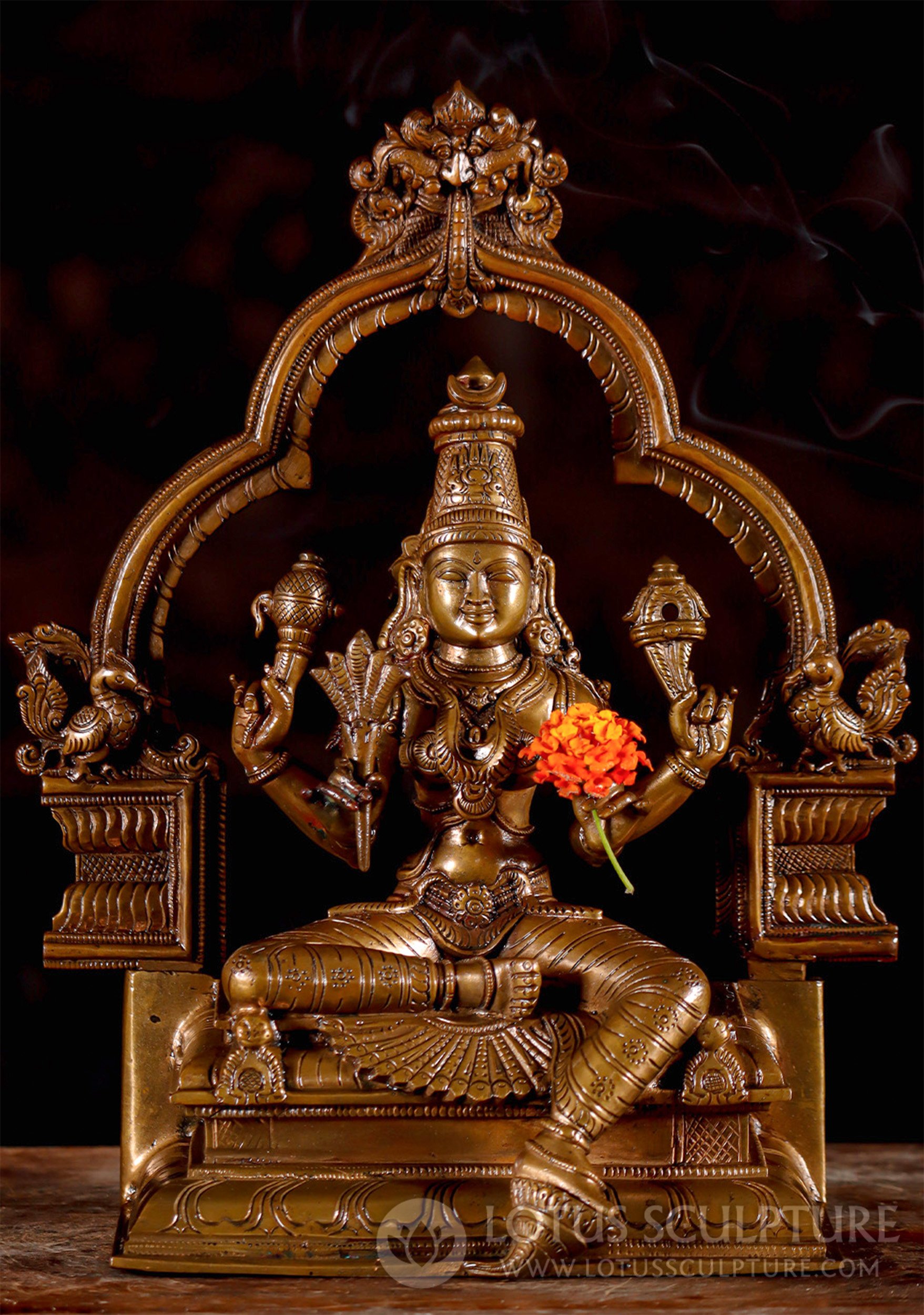 Devi Rajarajeshwari Tripura Sundari Bronze Statue with Prabhavali Arch 12.5"