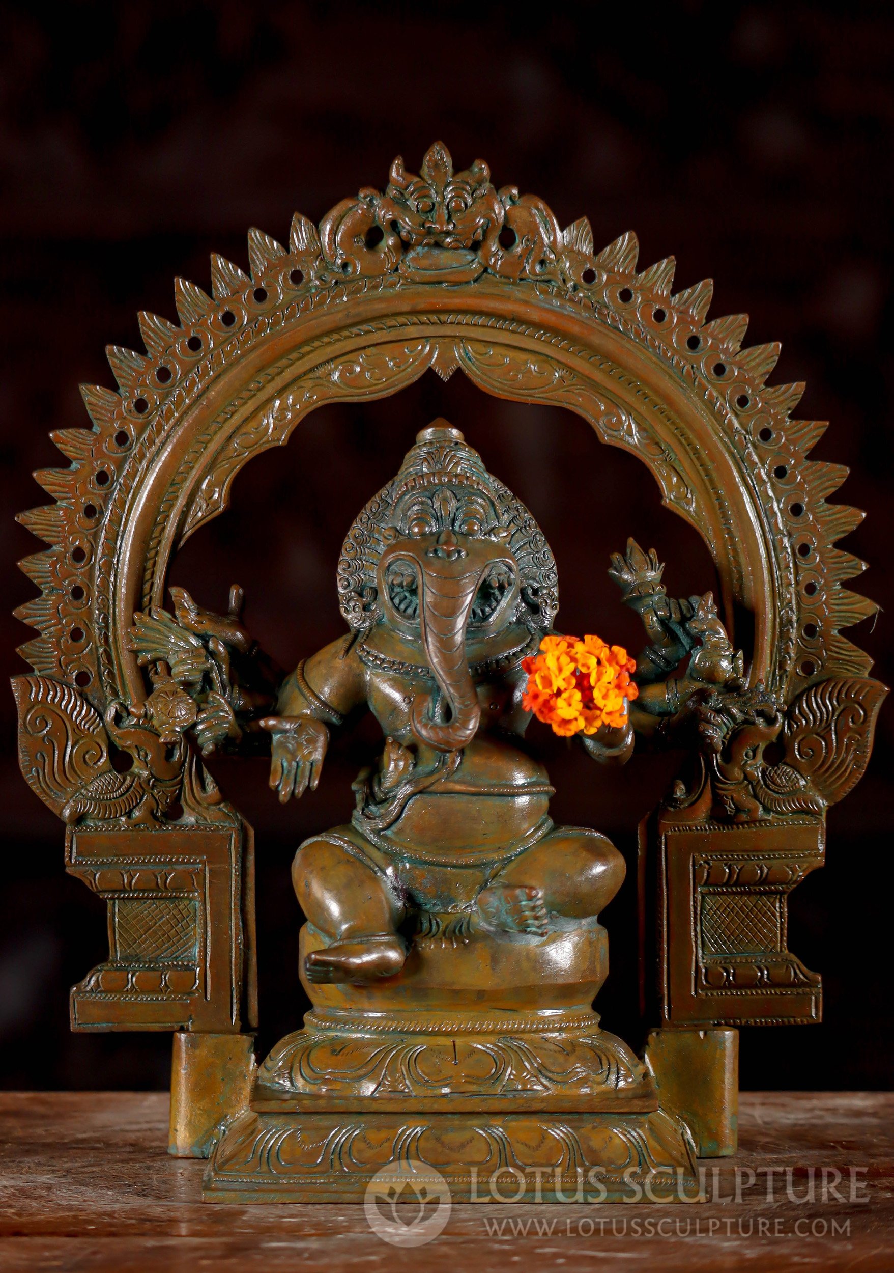 Ganesha-Narasimha Fused Into One Form; Narasimha Face & Ganesha Trunk & Body Bronze Statue 12"