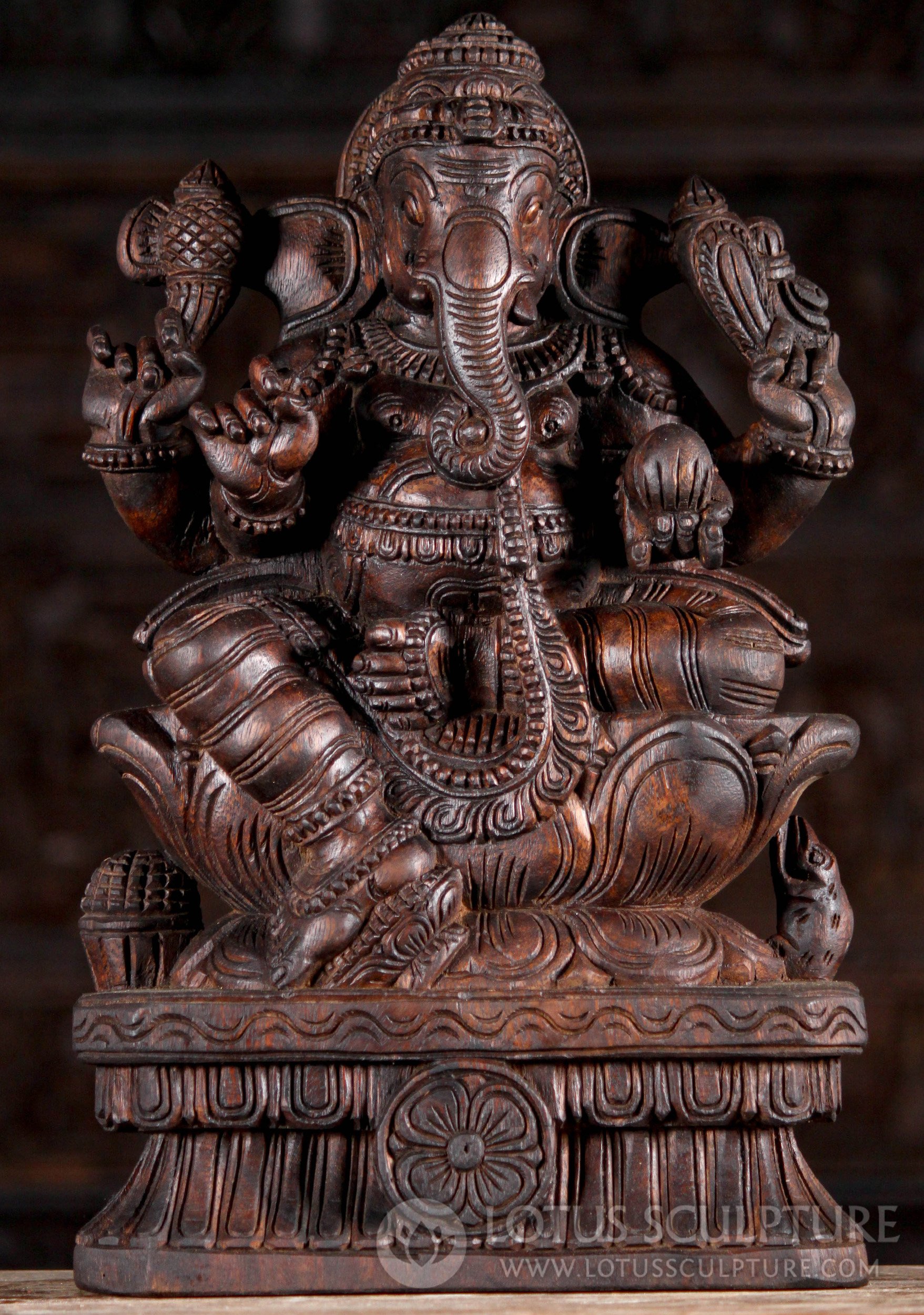 Ganesh with Foot Resting on Lotus Flower Hand Carved Neem Wood Sculpture 18"