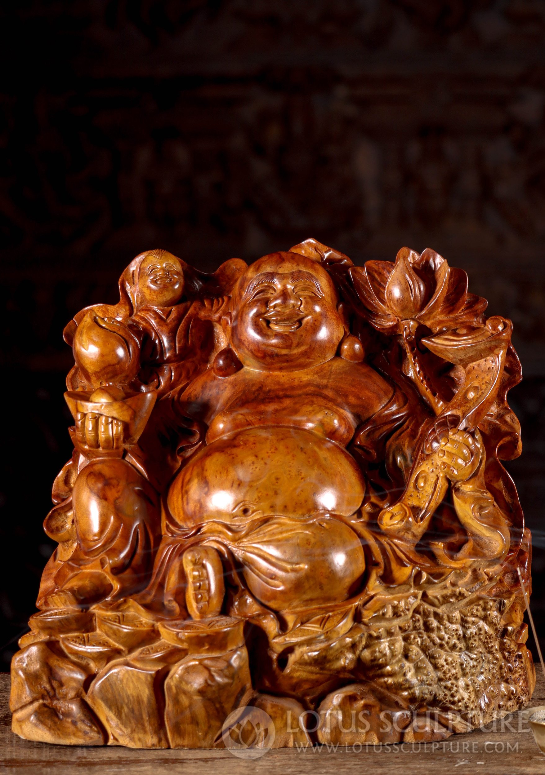 Hotei Buddha Carving: Opulent Wood Sculpture of Wealth & Joy with Child & Peach 14.5"