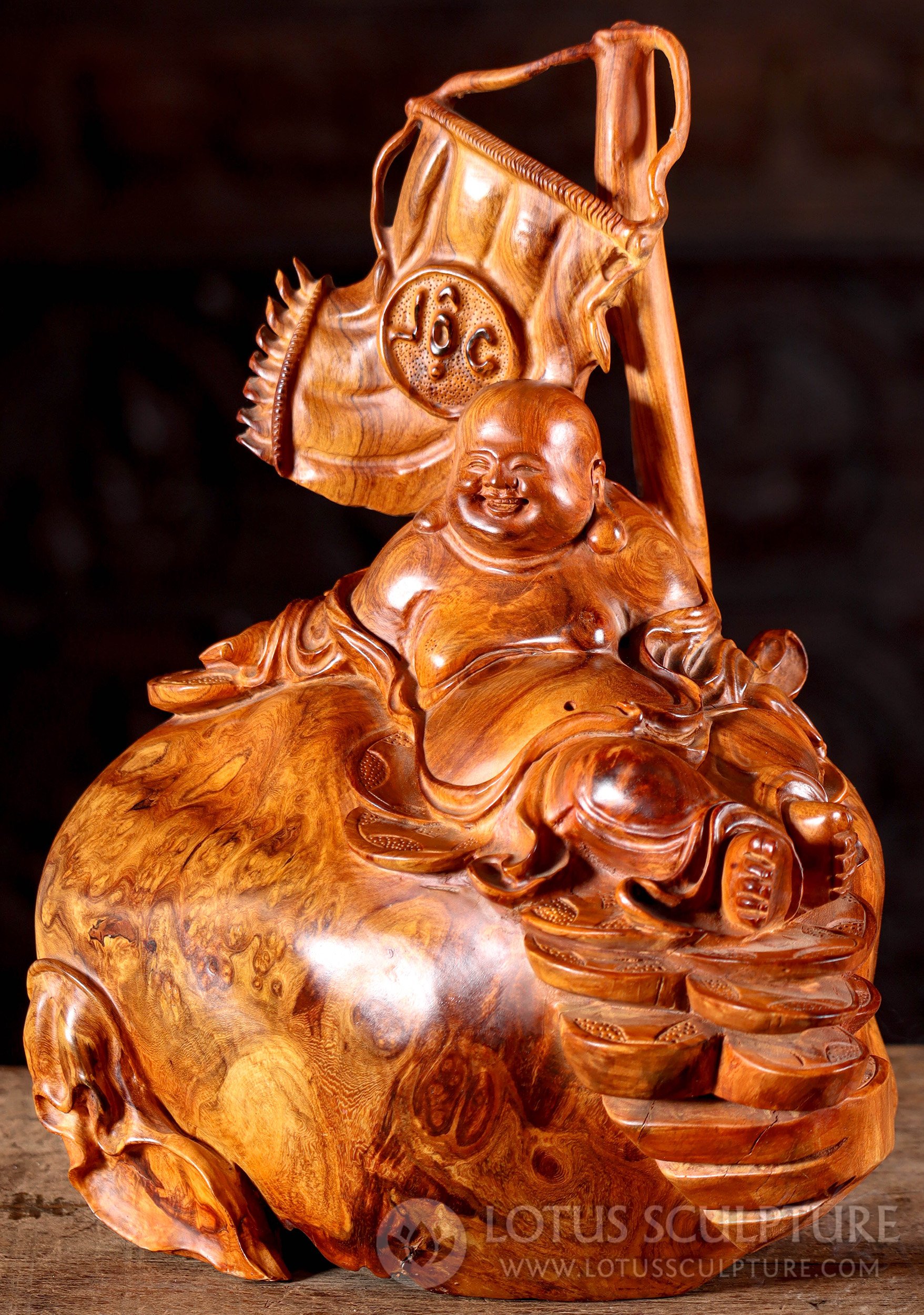 Hotei Buddha Sculpture Featuring Natural Swirling Wood Grain with Coins & Flag 14.5"