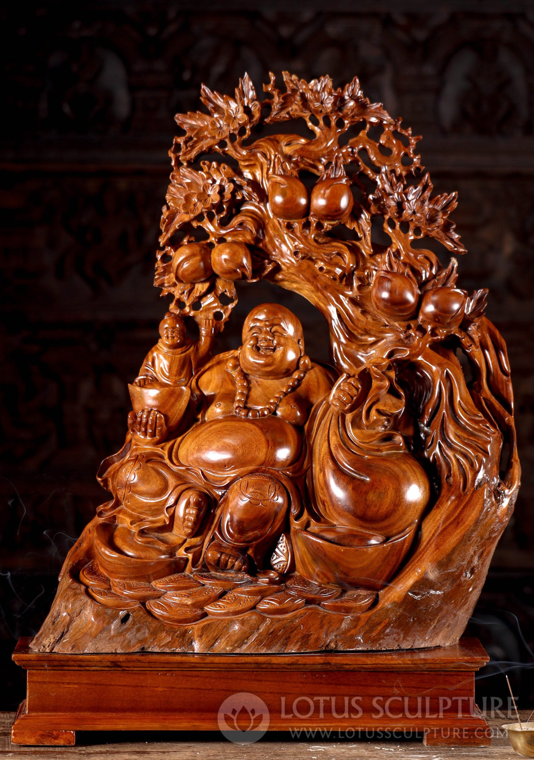 Fat & Happy Buddha Wood Sculpture Seated Under Peach Tree with Flowing Gold Coins 30"