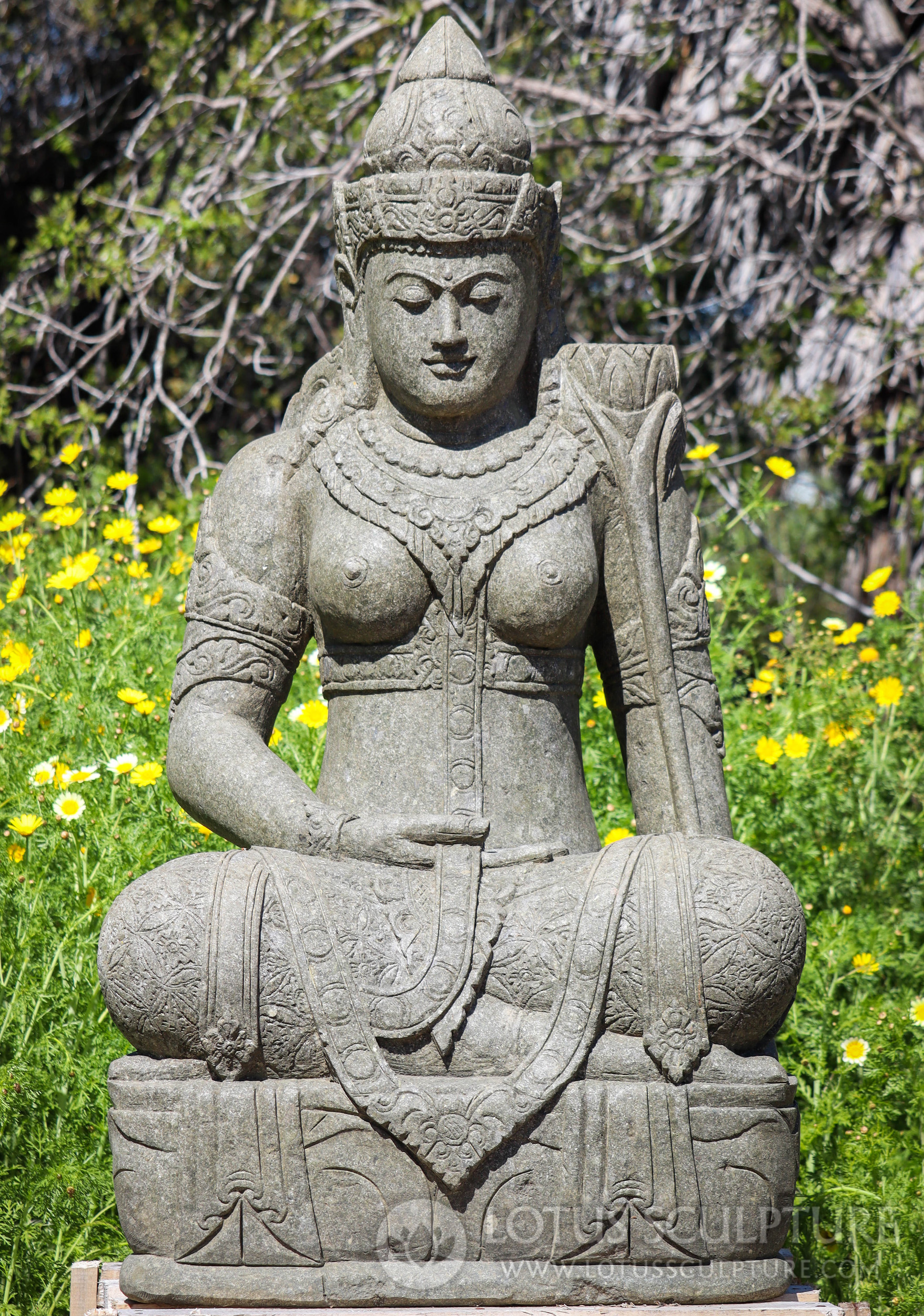 Devi Tara Sculpture - Majestic Lava Stone Garden Deity in Serene Meditation 60"