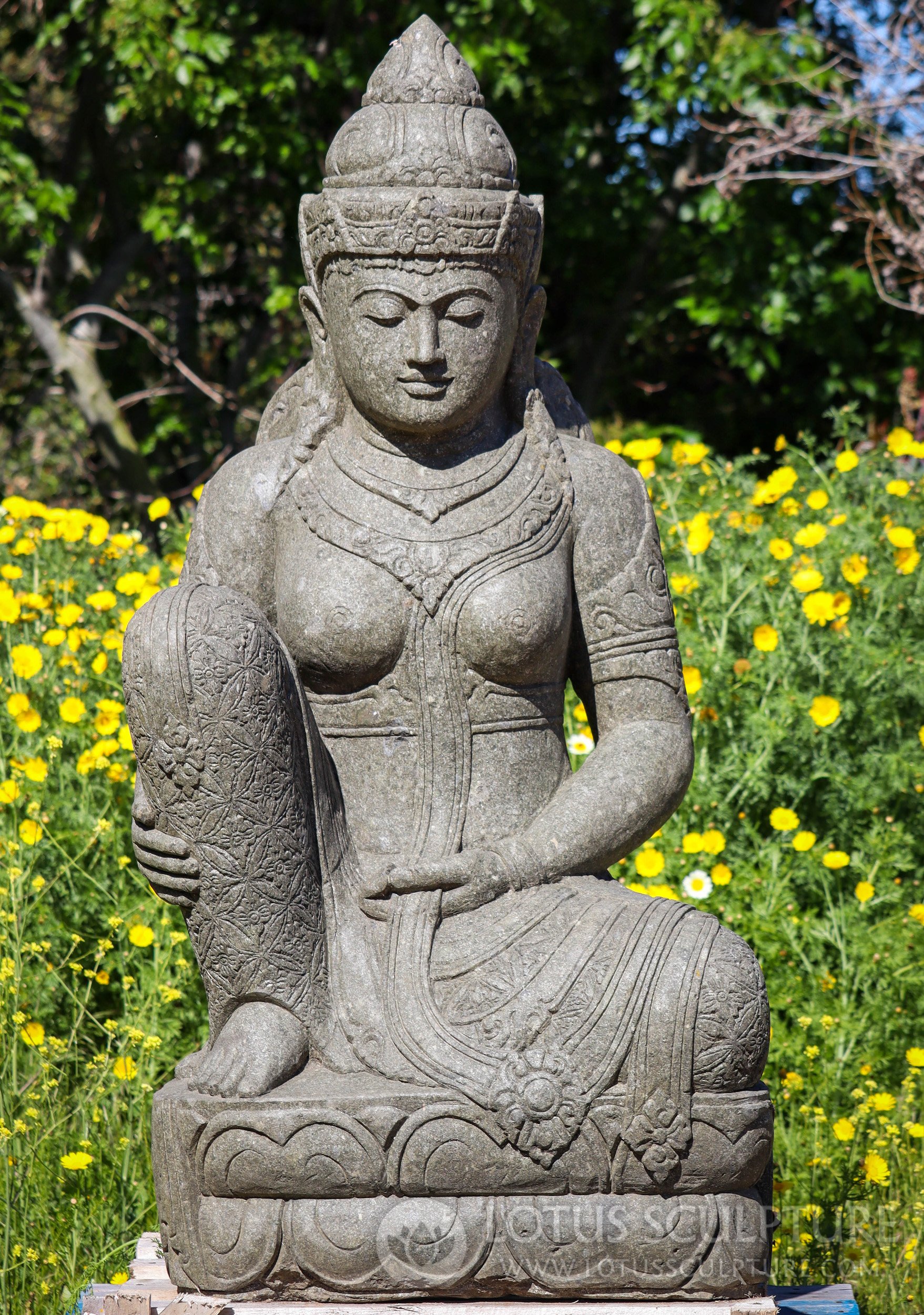 Devi Tara Statue - Subtle Smile, Floral Leggings, Hand Carved Green Lava Stone 59"