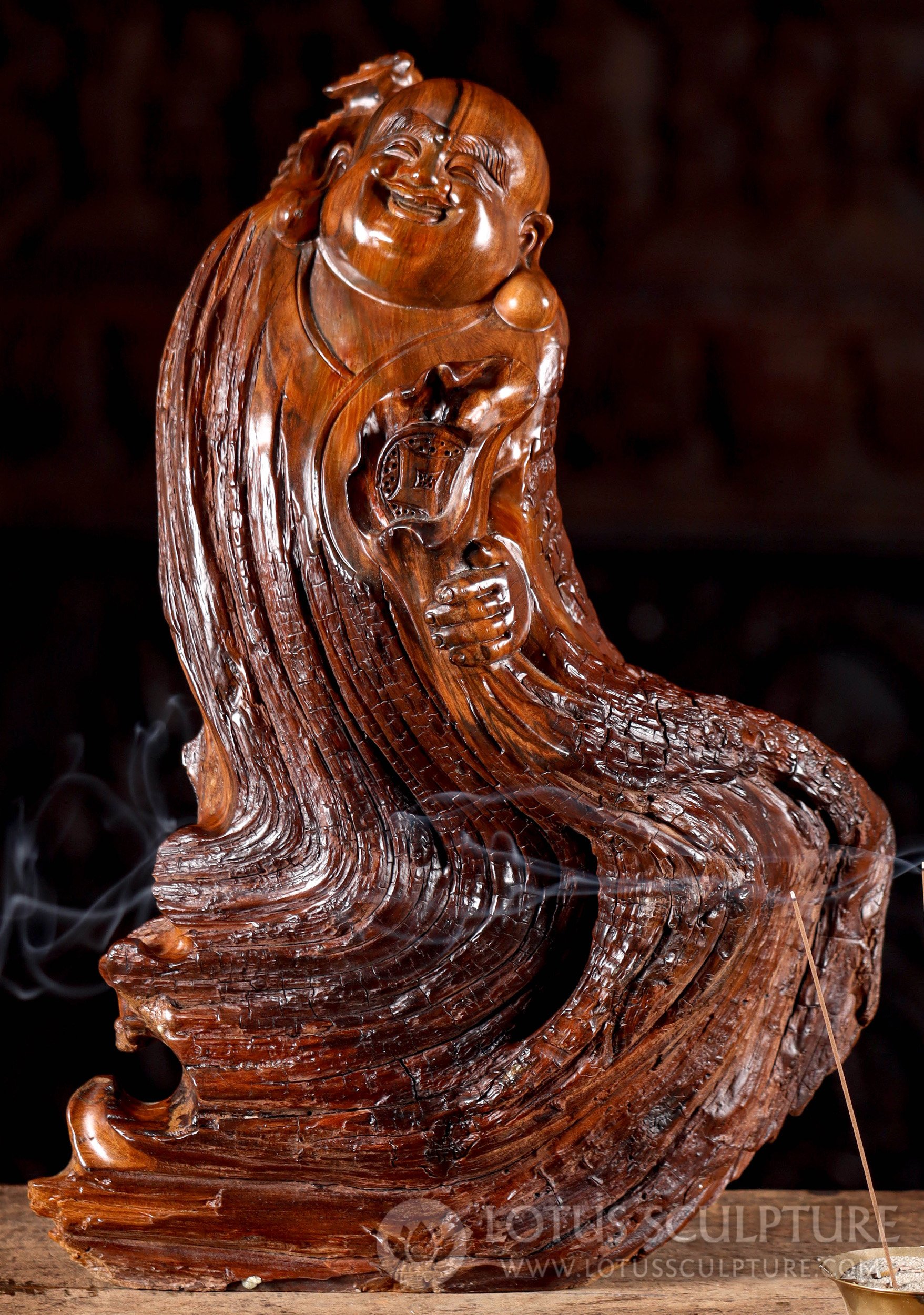 Buddha of Wealth Wood Carving: Twisted Trunk with Lily Pad & Gold Coin 17"