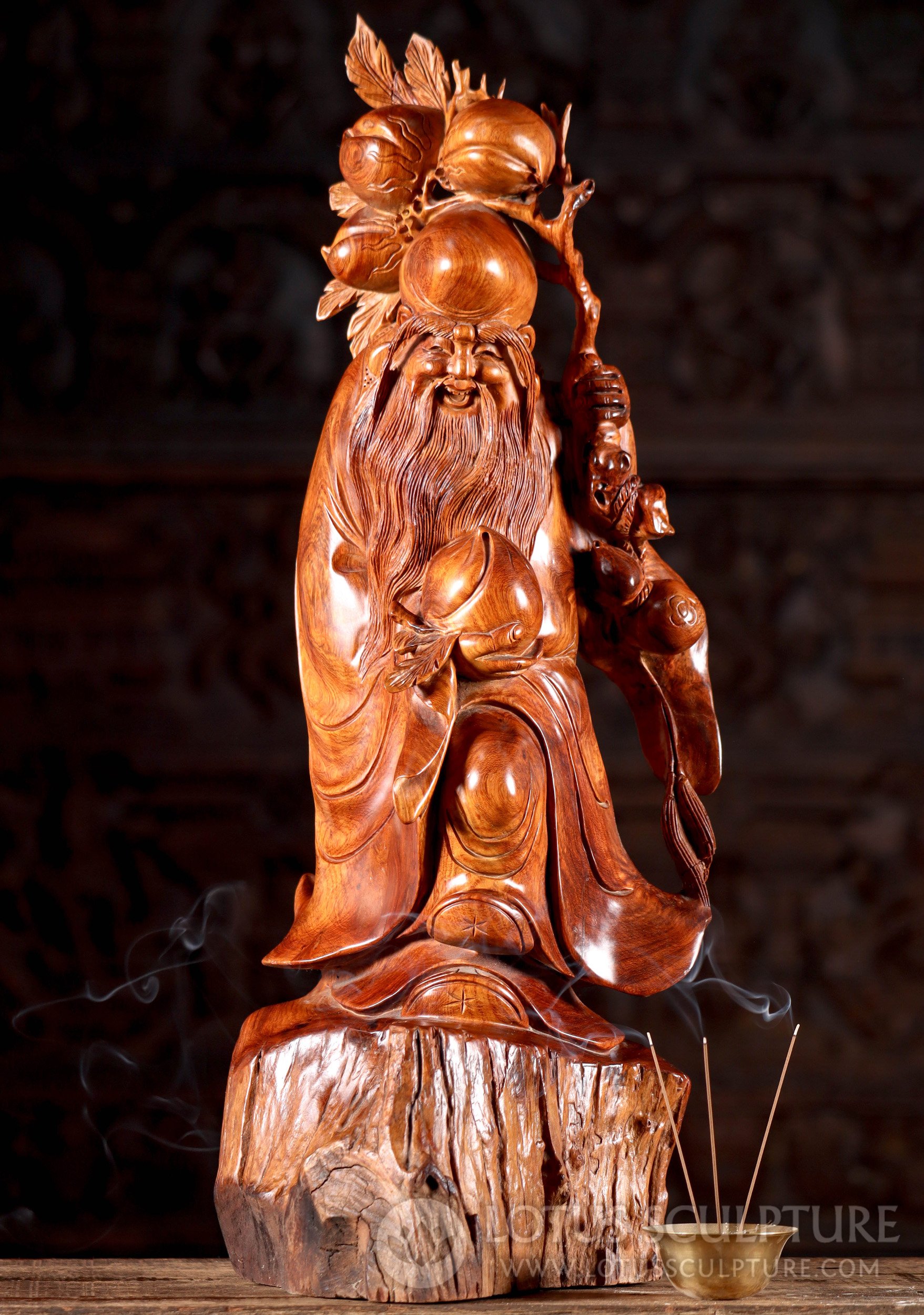 Lao Tzu Sculpture on Natural Stump with Peach Branch: Hand-Carved in Vietnam 25.5"