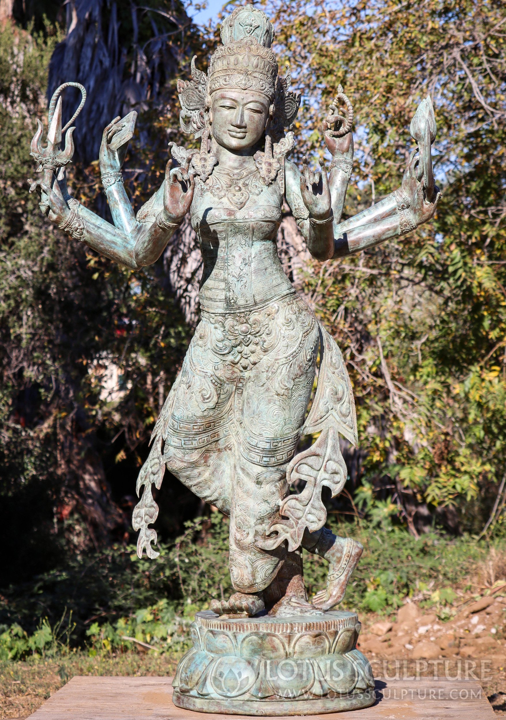 PREORDER Durga Statue with Eight Arms & Antique Green Patina, Life-Size Indonesian Brass 78"