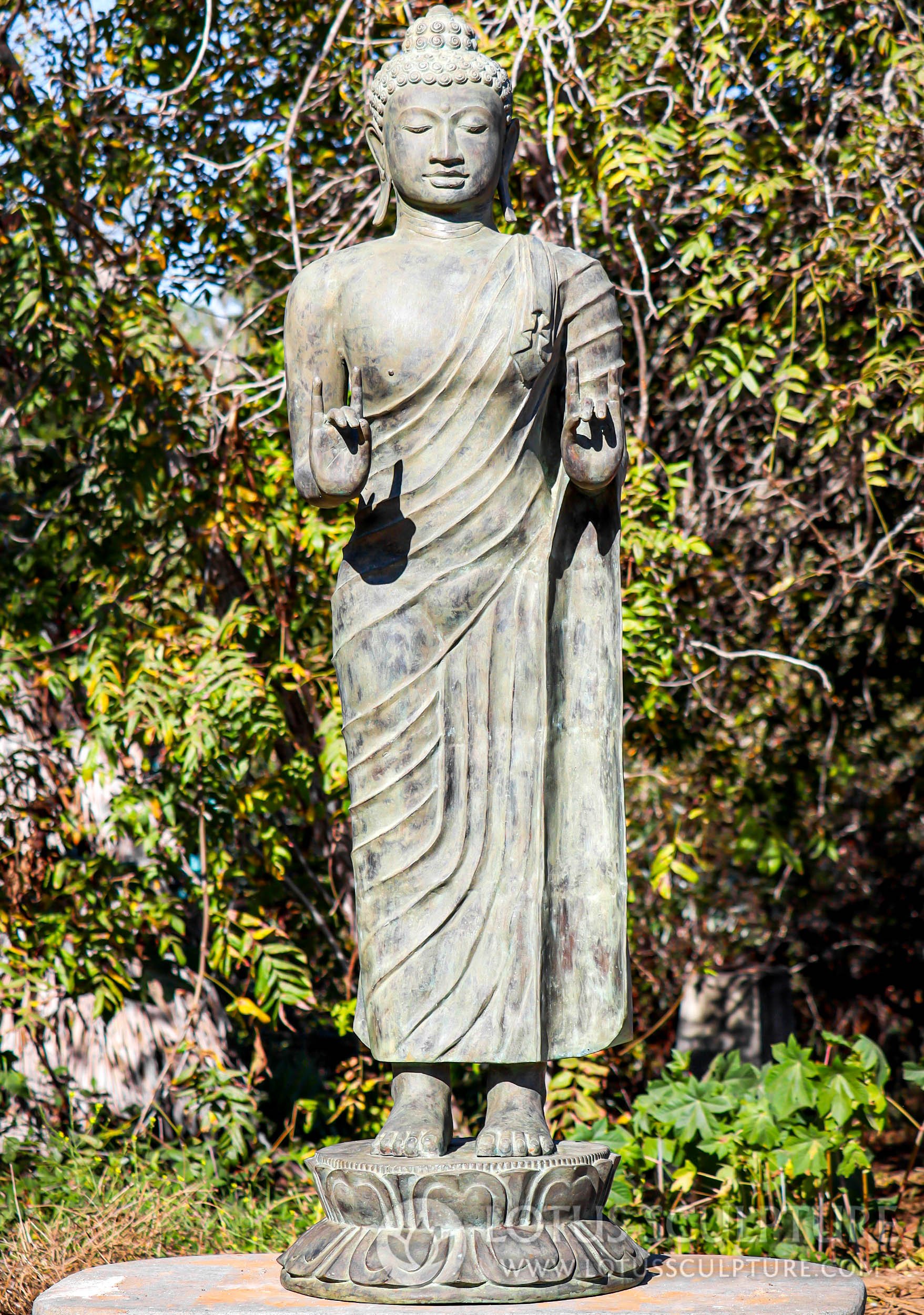 Buddha Statue in Karana Mudra with Antique Green Patina, Indonesian Style Brass 74"