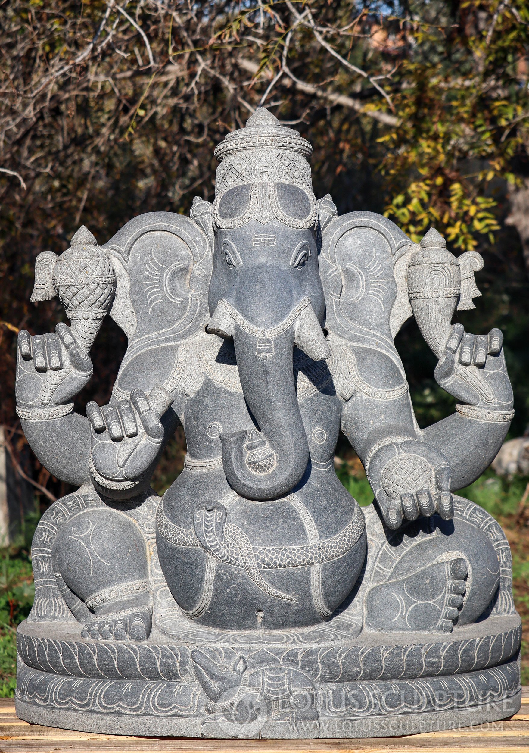 Large Garden Ganesh Sculpture with Cobra Belt Hand Carved from Indian Black Granite 48"