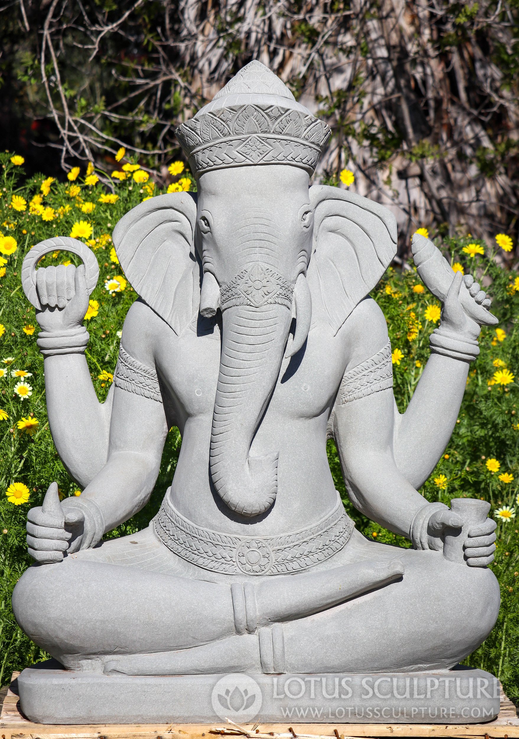 Large Ganesha Garden Sculpture Hand Carved from Stone in Cambodia with Left Facing Trunk 55"