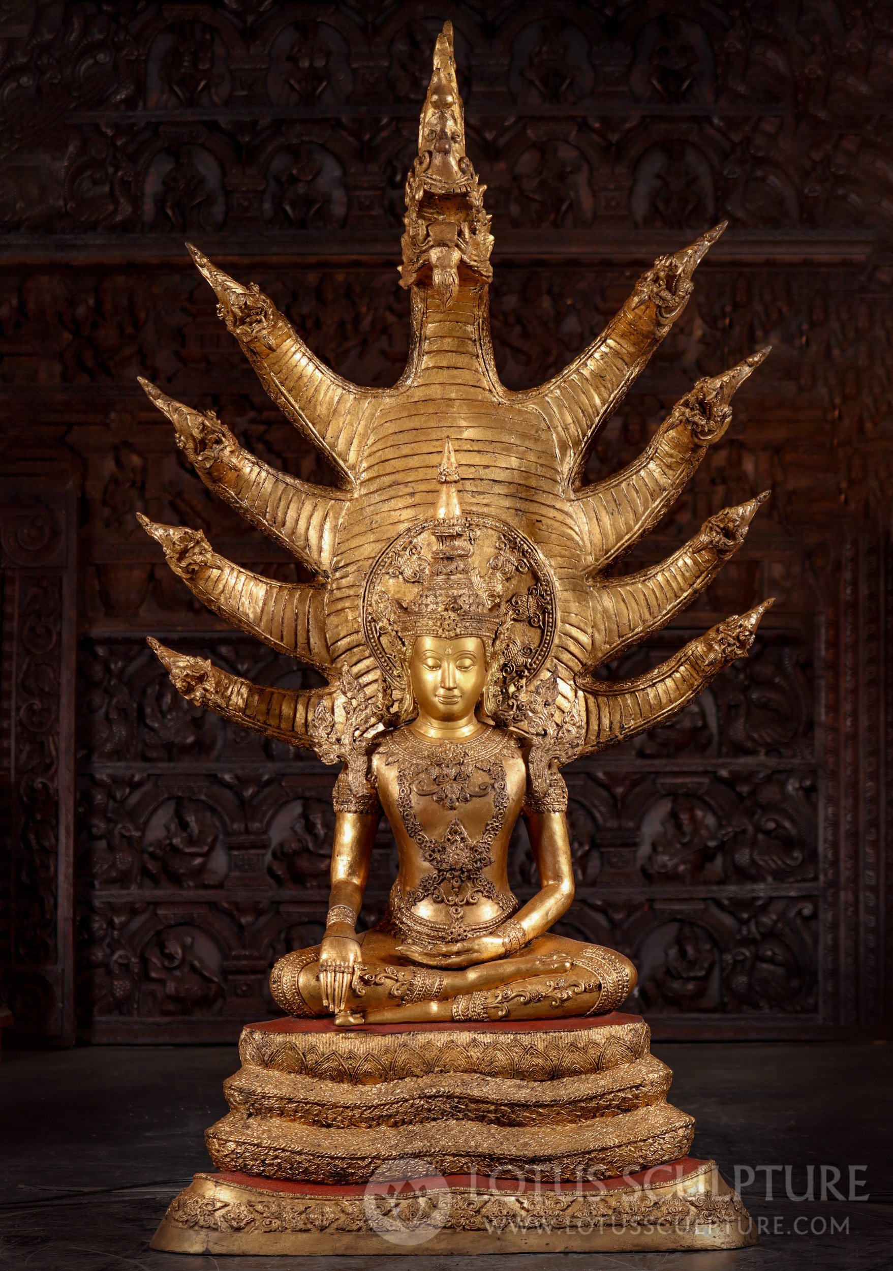 Large Thai Brass Rattanokosin Naga Buddha Statue Covered in Real Gold Leaf 64"