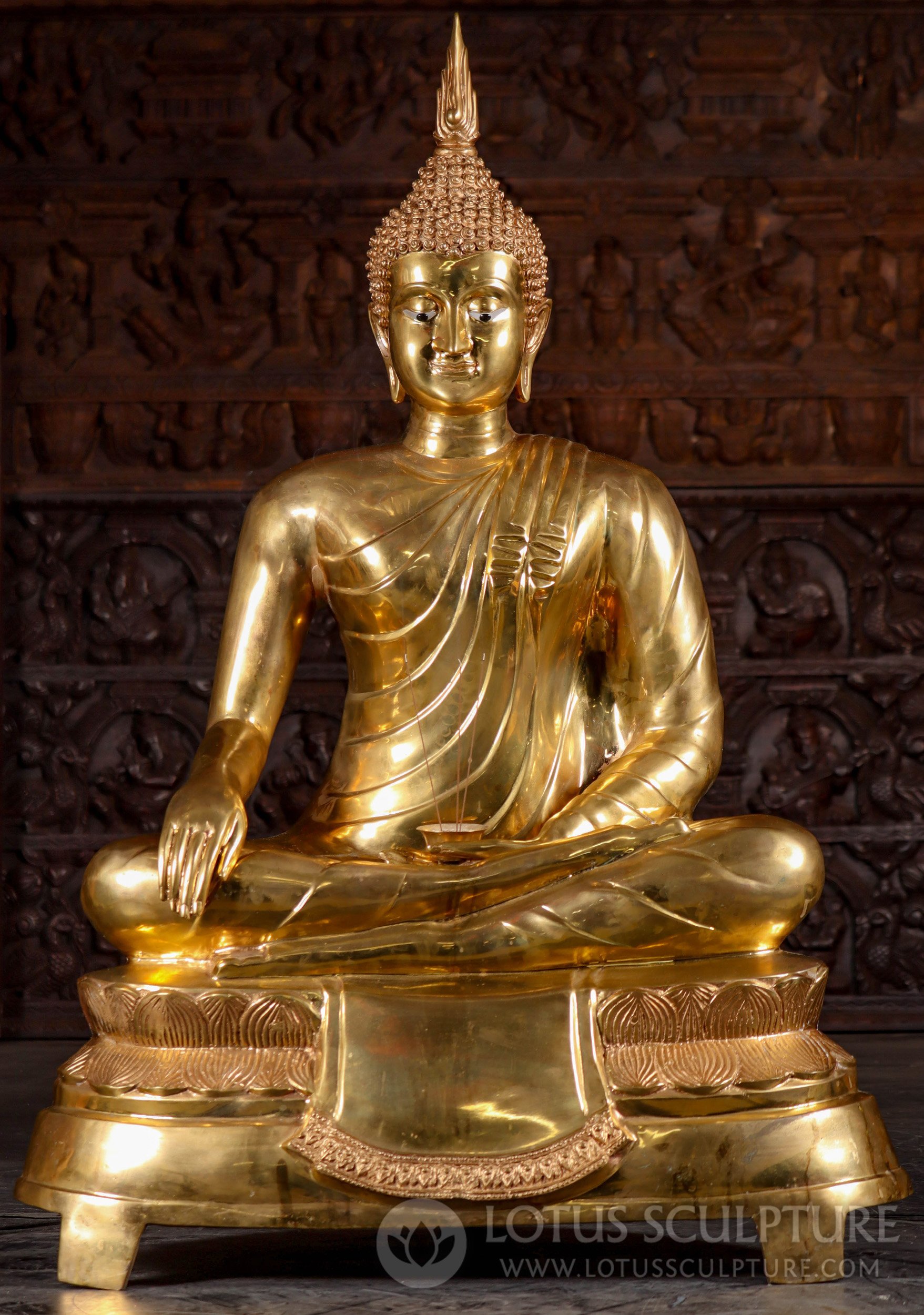 Thai Brass Buddha Polished Gold in Bhumisparsha Mudra, Ardha Padmasana Pose 53"