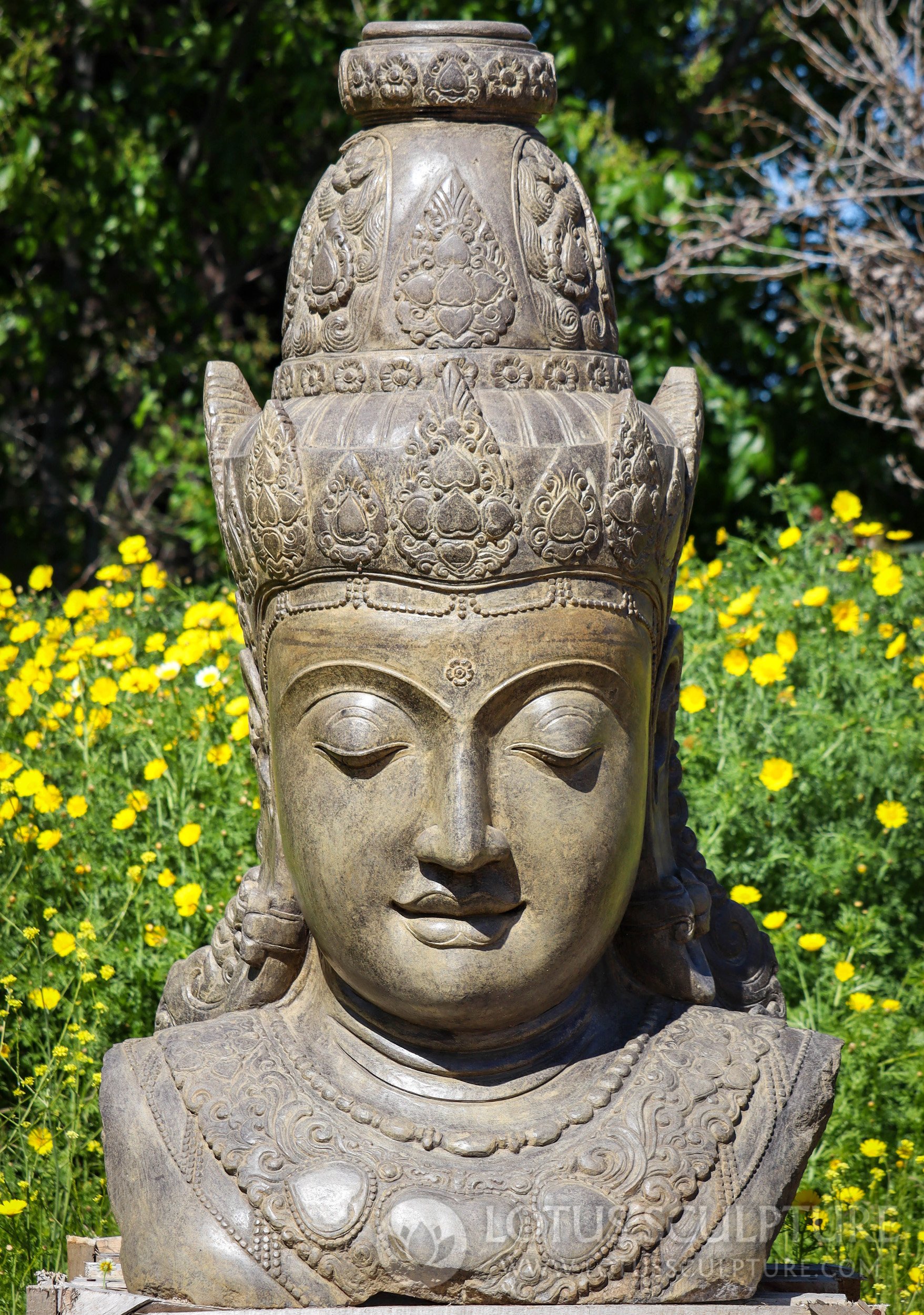 Devi Tara Sculpture Lava Stone Bust for Garden - Elegantly Carved and Colored 58"