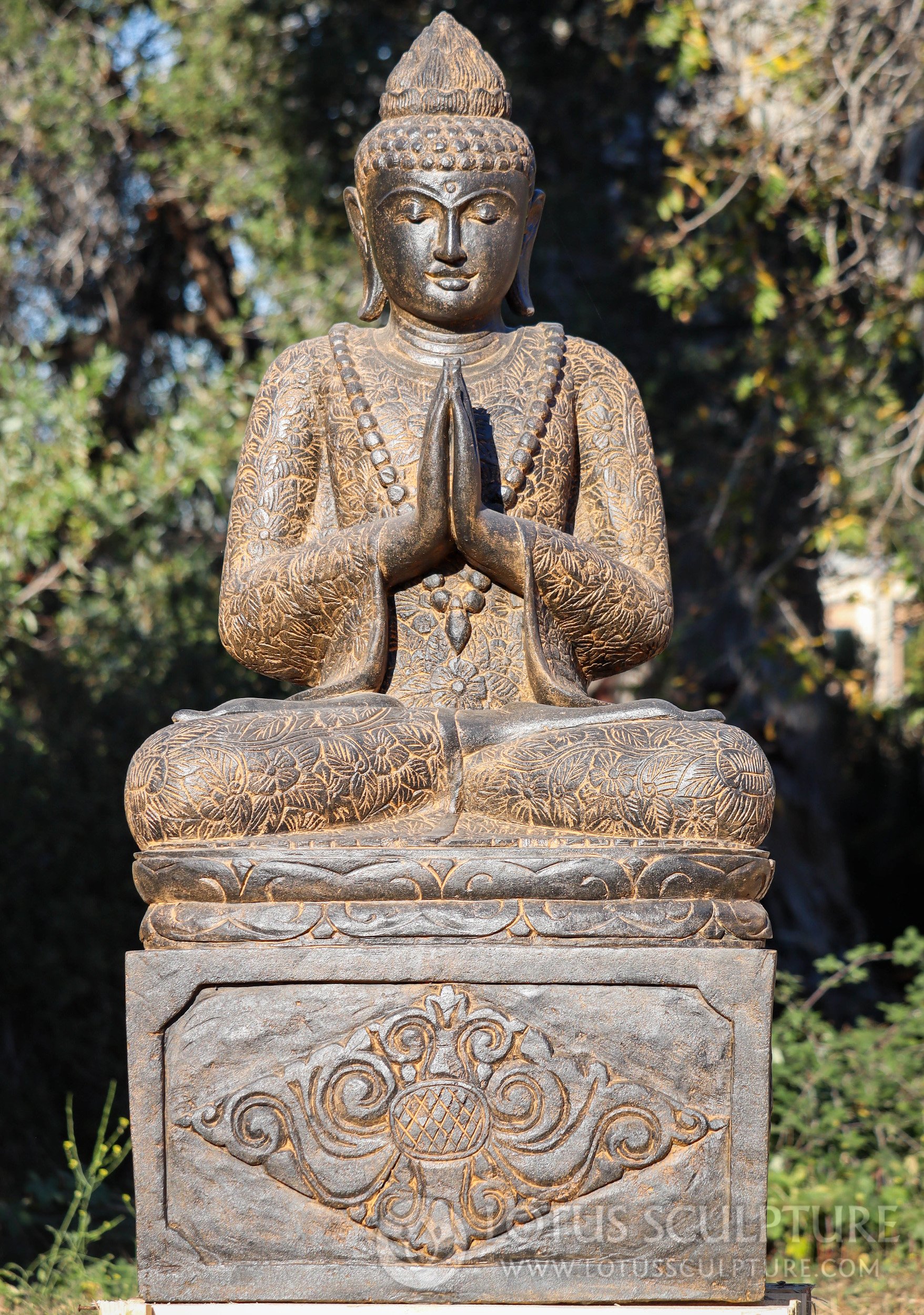 Garden Buddha Statue  with Namaste Mudra and Floral Motif Base  Saffron-Colored Stone 59"