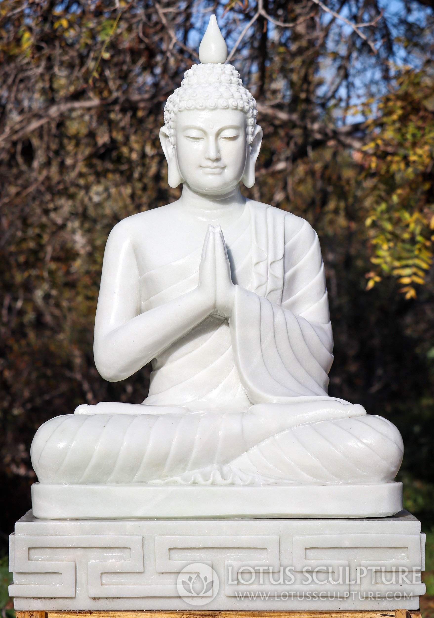 PREORDER Buddha in Namaste Hand Position of Greeting - White Marble Garden Buddha Sculpture 40"