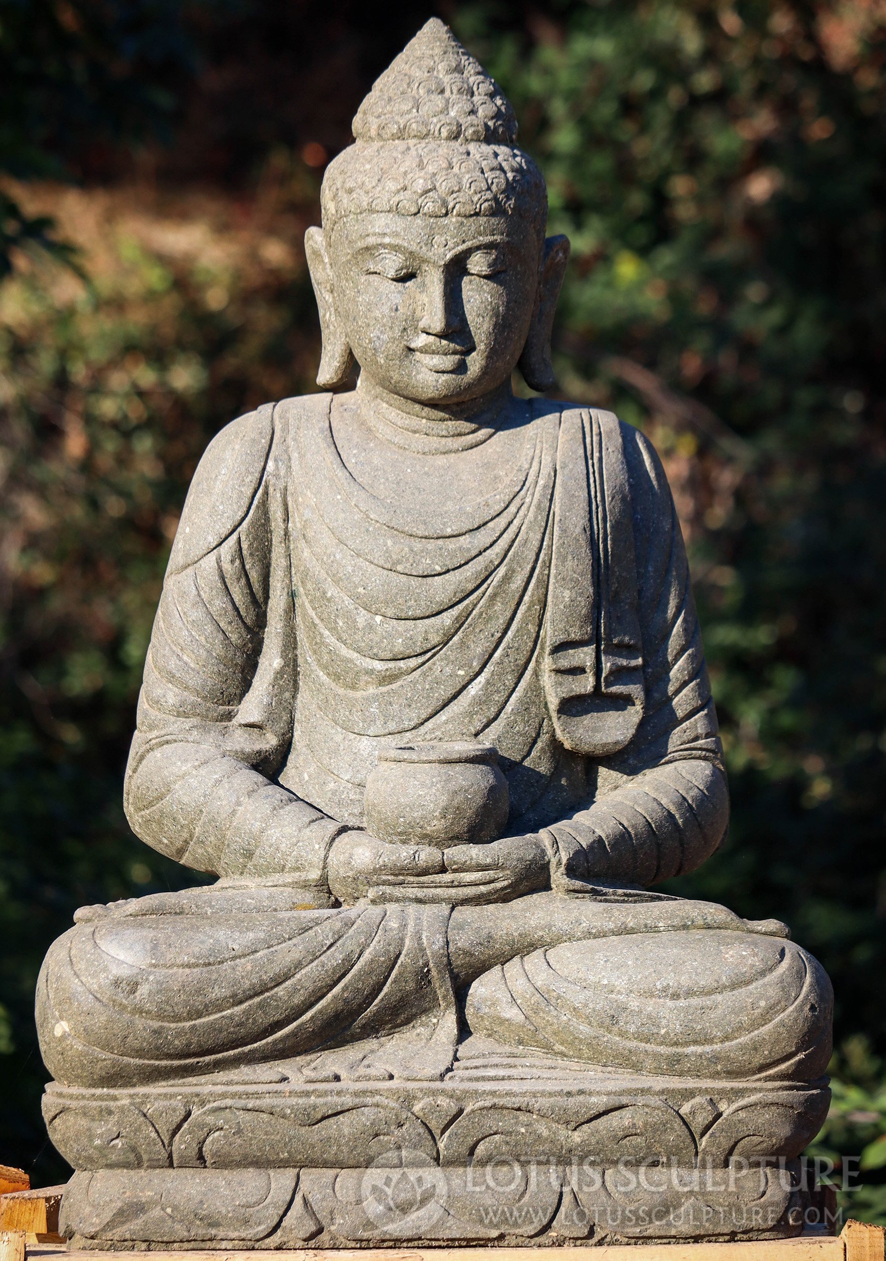 Hand Carved Natural Lava Stone Buddha Statue in Dhyana Mudra with Alms Bowl 39"