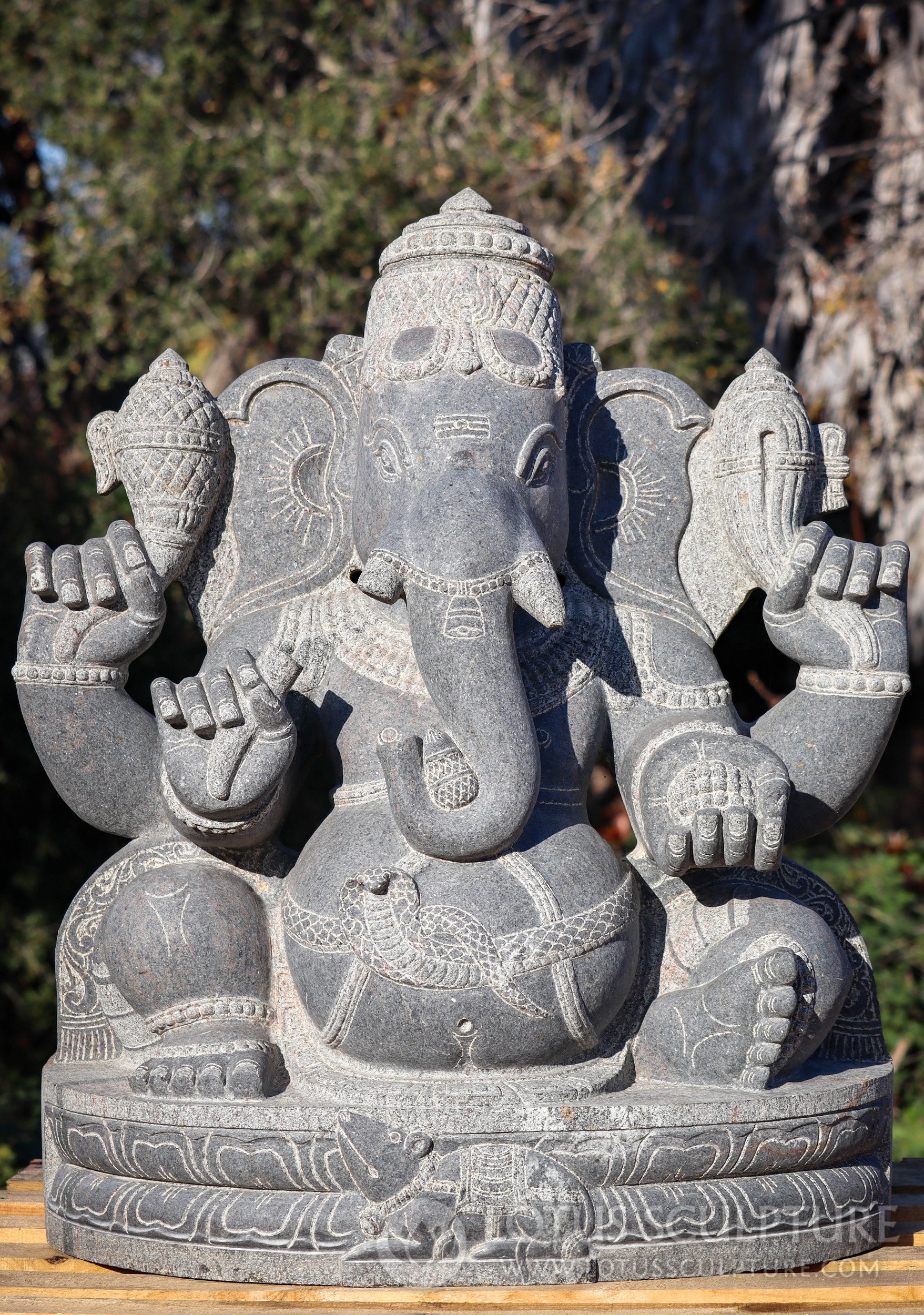 Ganesh Hand Carved Granite Garden Sculpture with Mooshika, Lotus Base & Cobra 36"