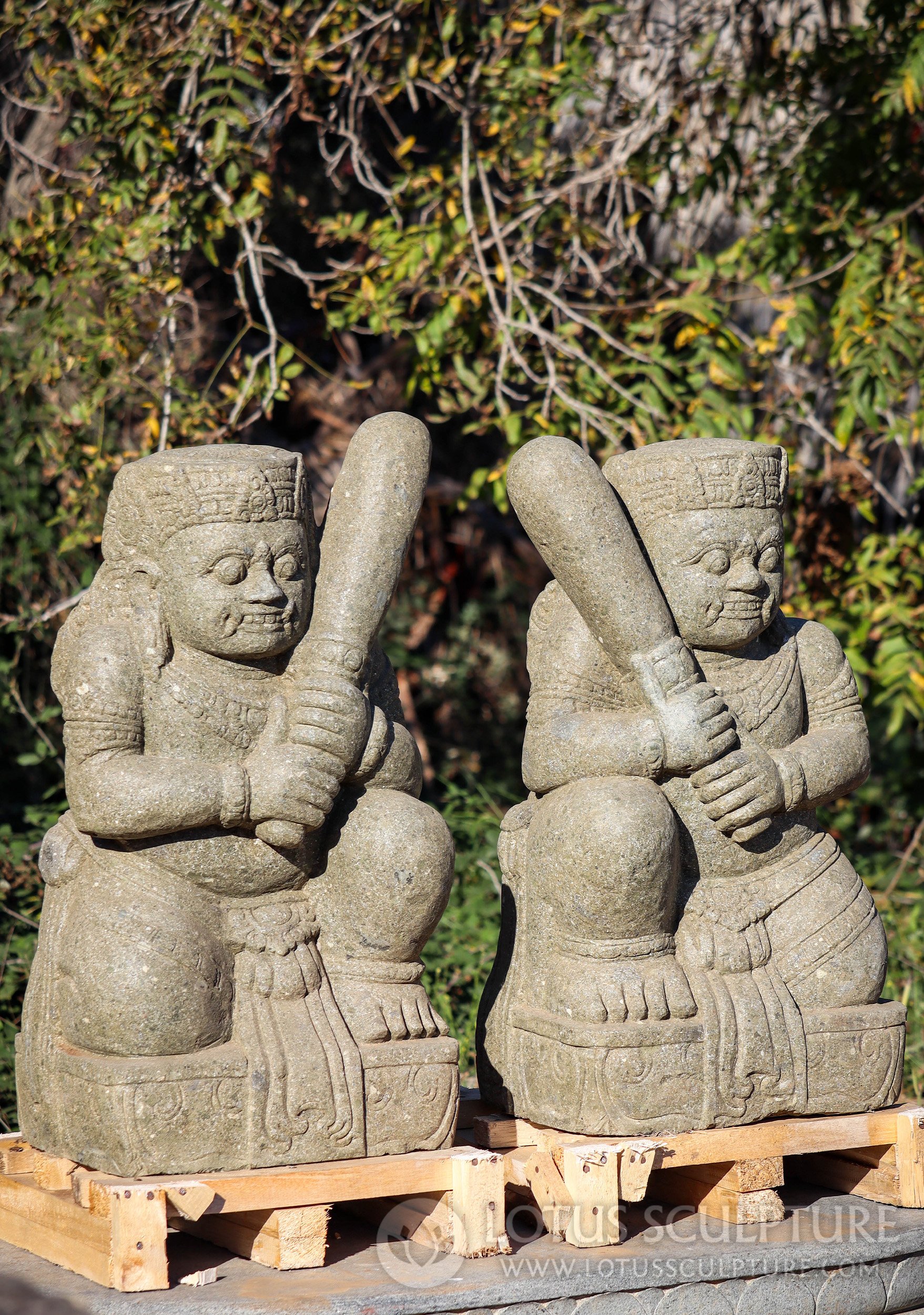 Pair of Lava Stone Dvarapala Sculptures - Fearsome Gate Guardians with Clubs 32"