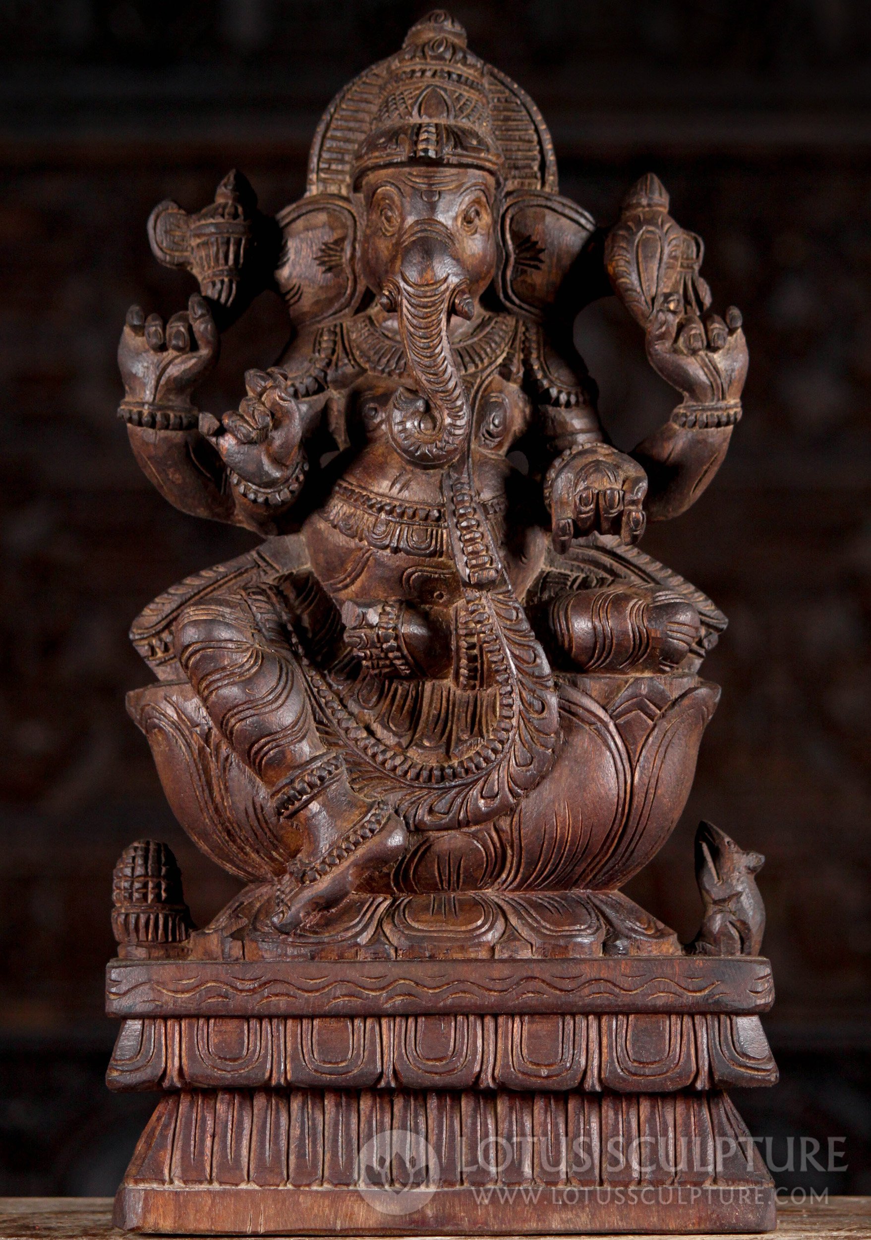 Ganesha Hand Carved Neem Wood Statue on Lotus Base with Mooshika 18"