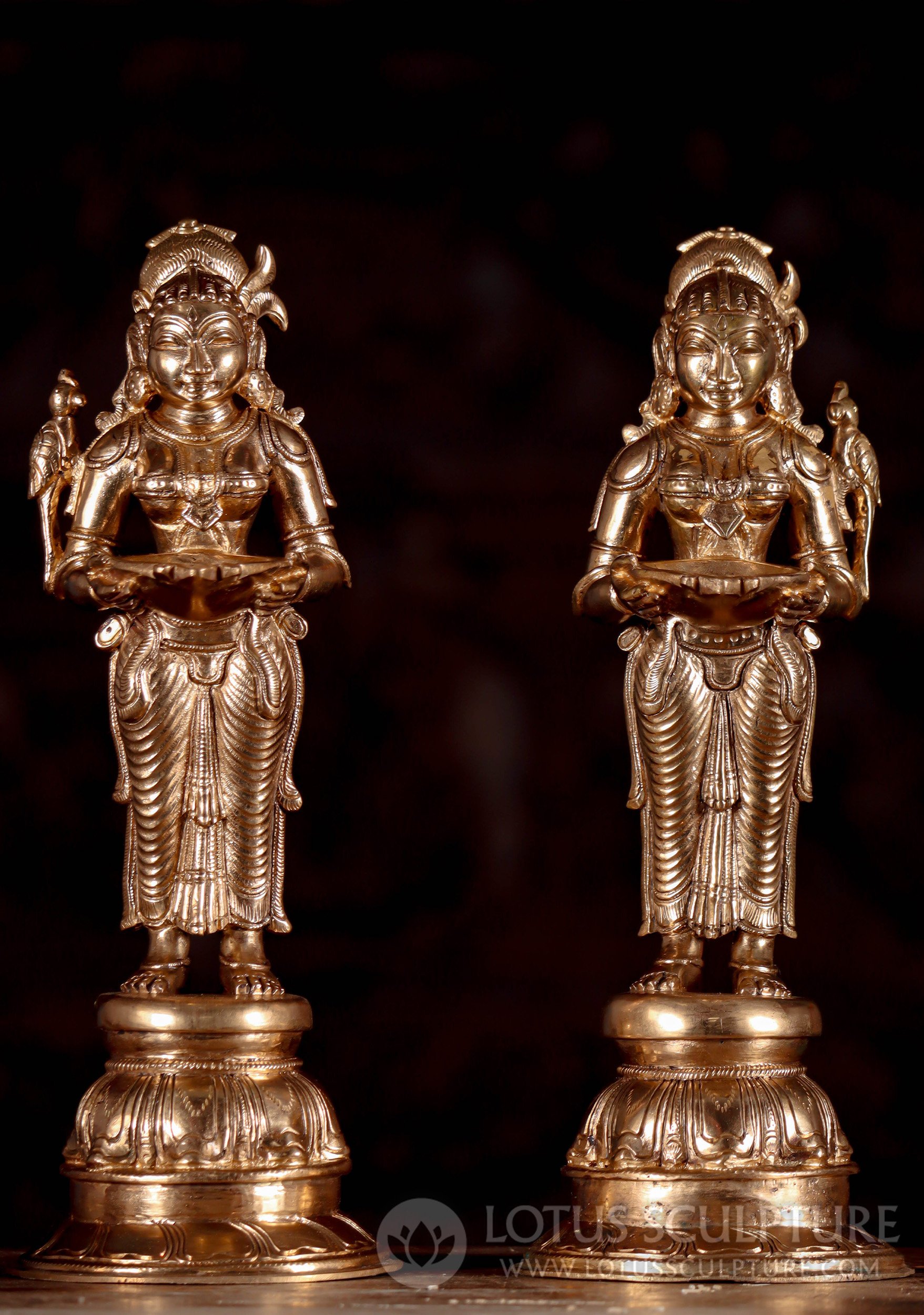 Deepa Lakshmi Statues Pair - Polished Golden Bronze Illuminating Goddess of Wealth 12.5"