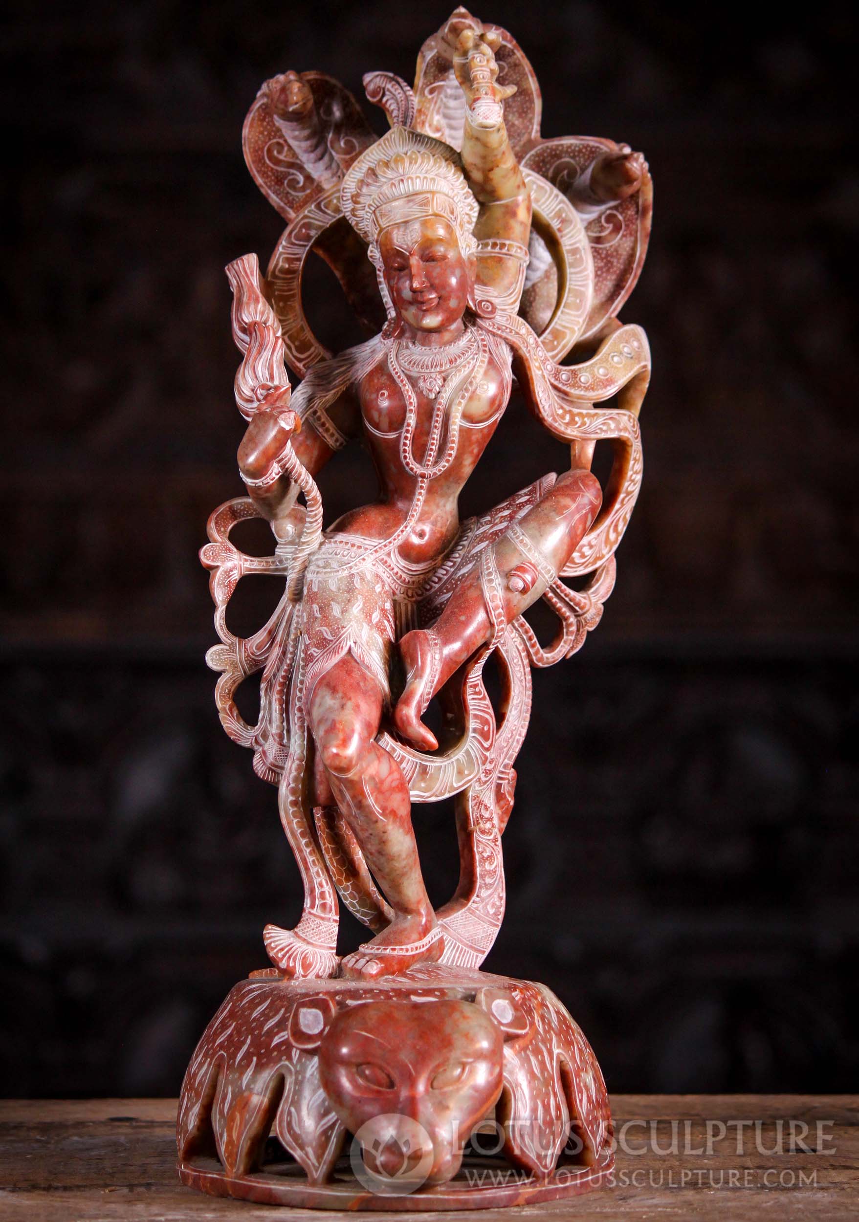 Shiva Statue Dancing on Tiger Skin with Cobras Elegantly Poised Hand Carved in Red Marble 17"