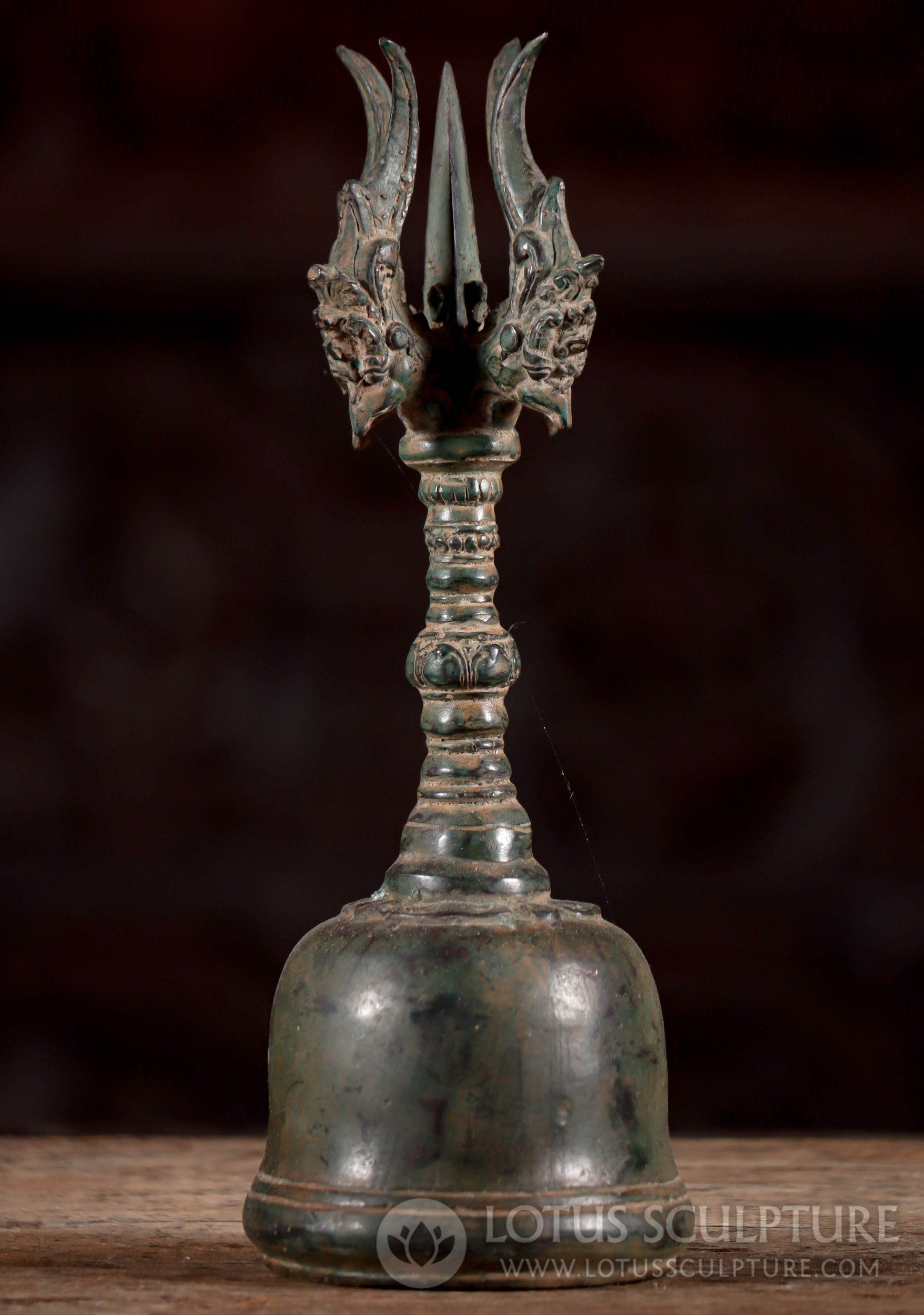 Dorje Bell with Four-Faced Shaft, Traditional Tibetan Design Antique Green Patina Brass 10"