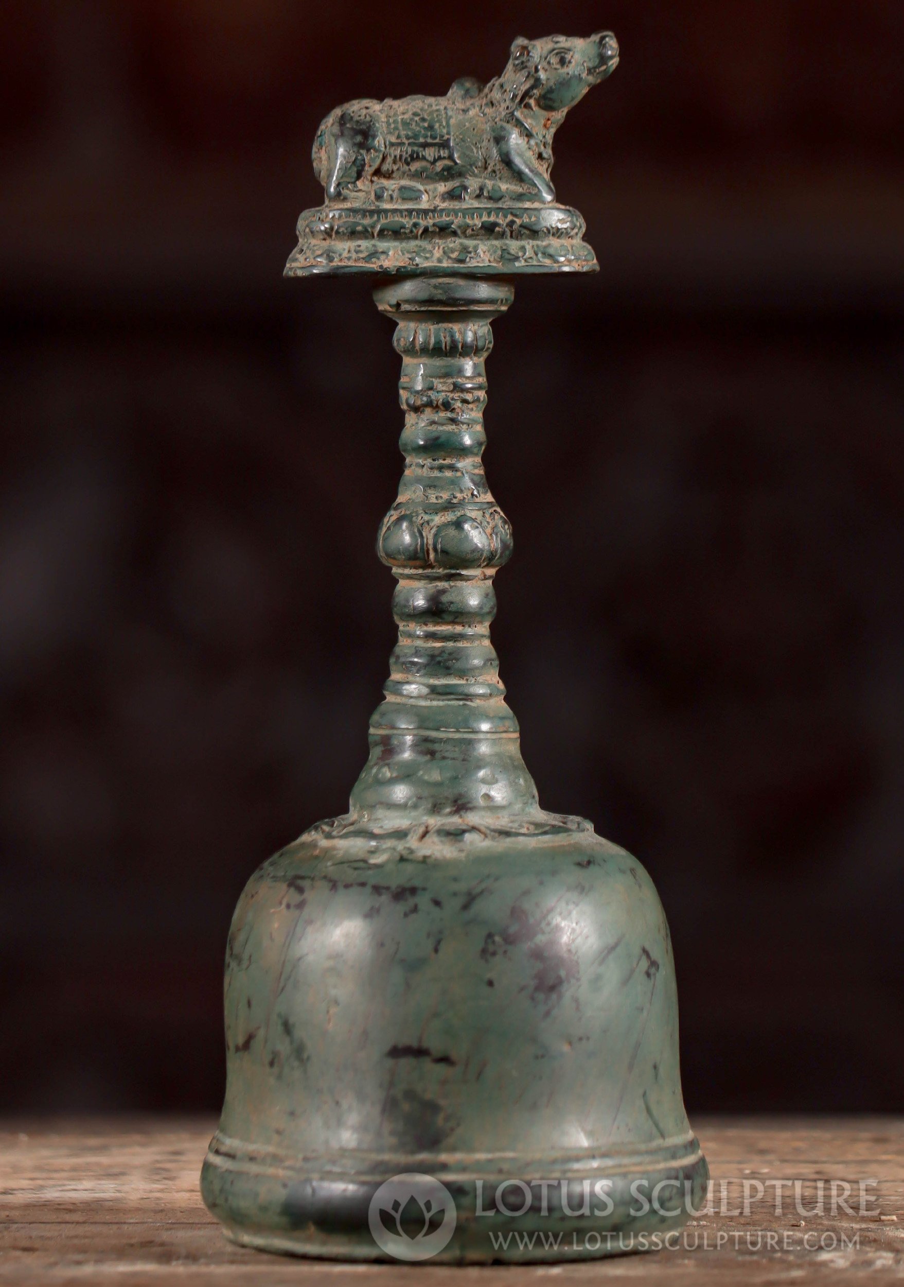 Bell with Nandi Top, Indonesian Brass Small Spiritual Shiva's Bull Bell Green Patina 9"