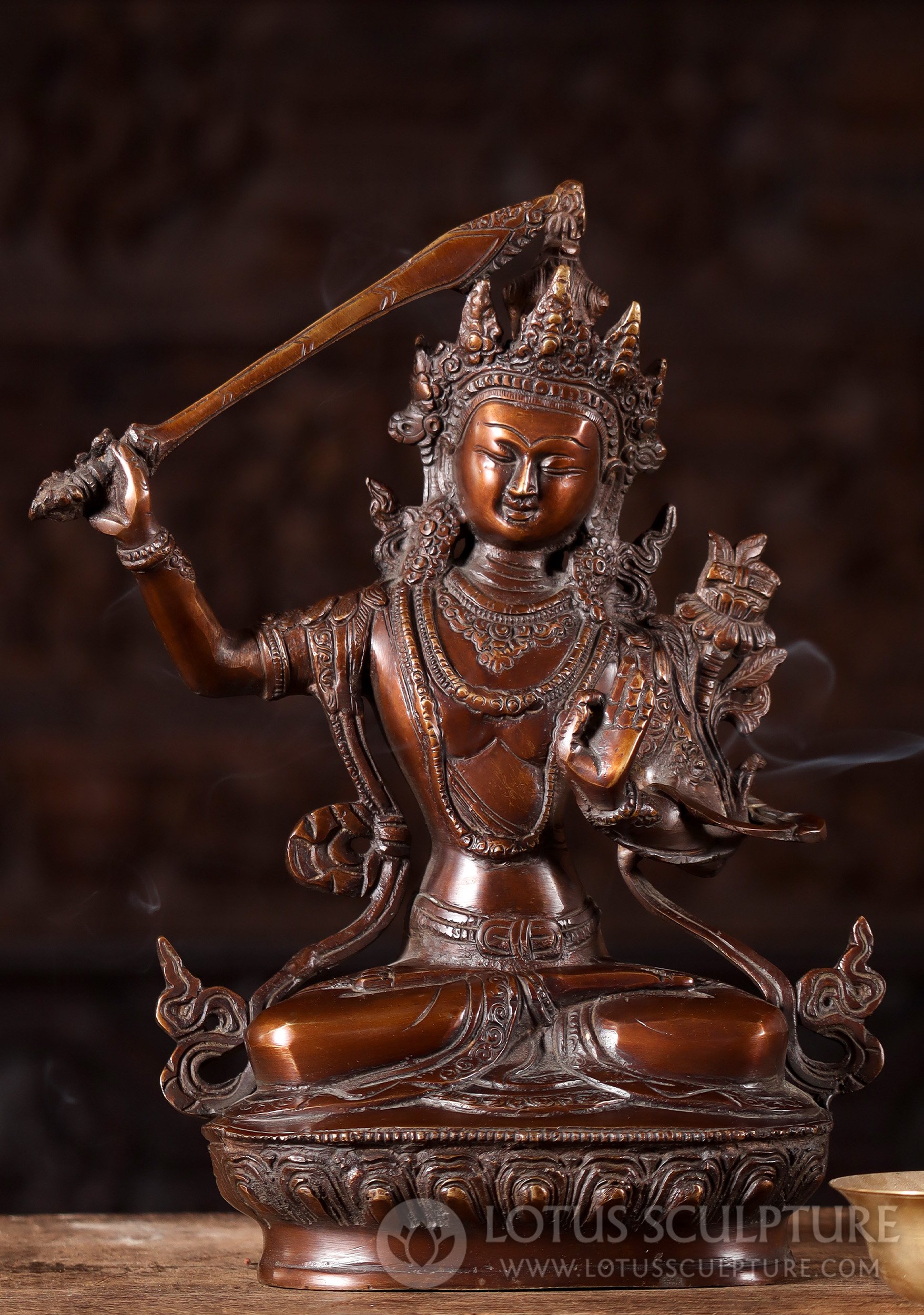 Manjushree Statue: Copper Patina Flaming Sword of Enlightenment & Lotus Base 13"