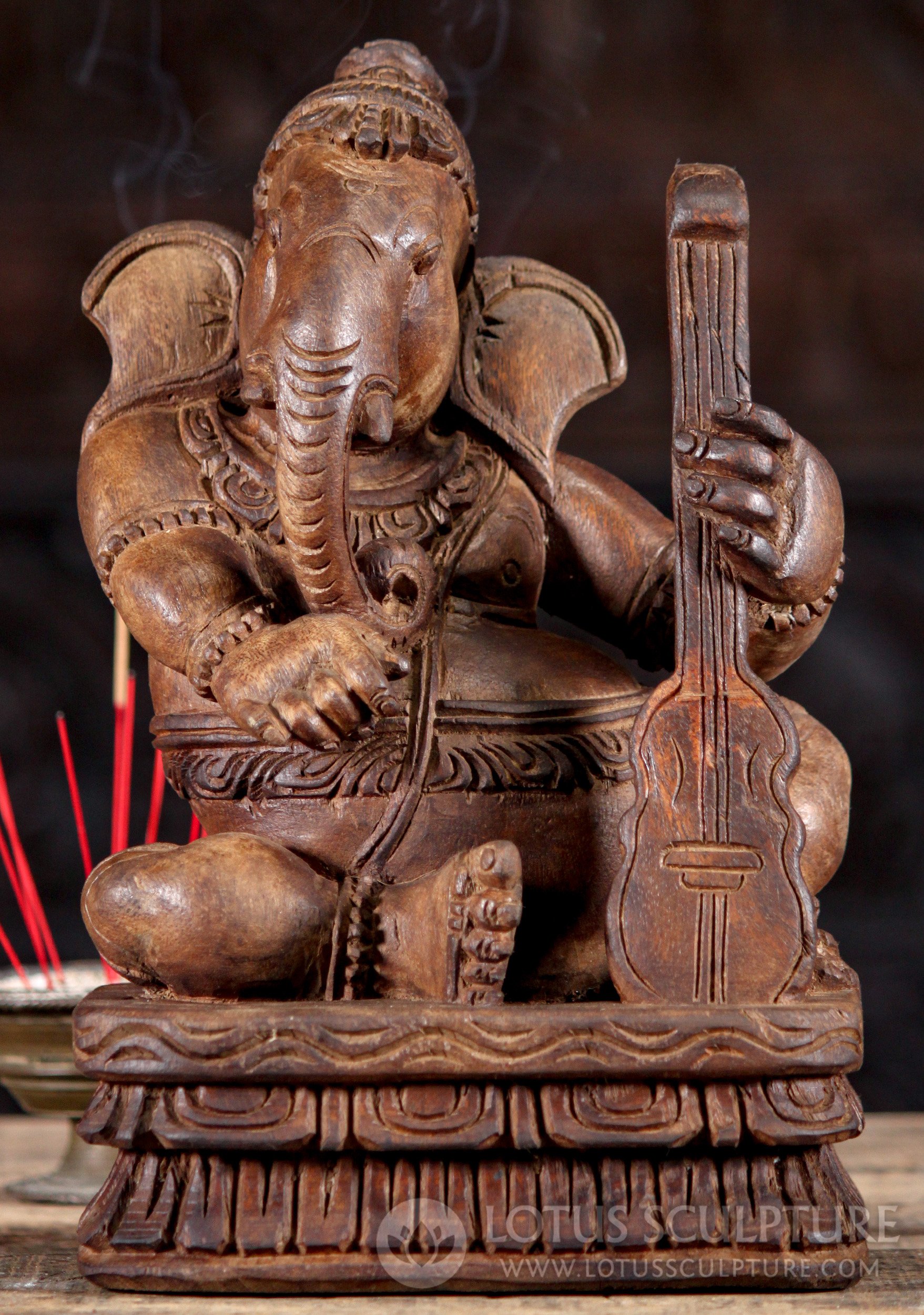 Wooden Musical Ganesh Playing Assorted Instruments Hand Carved in South India 12"