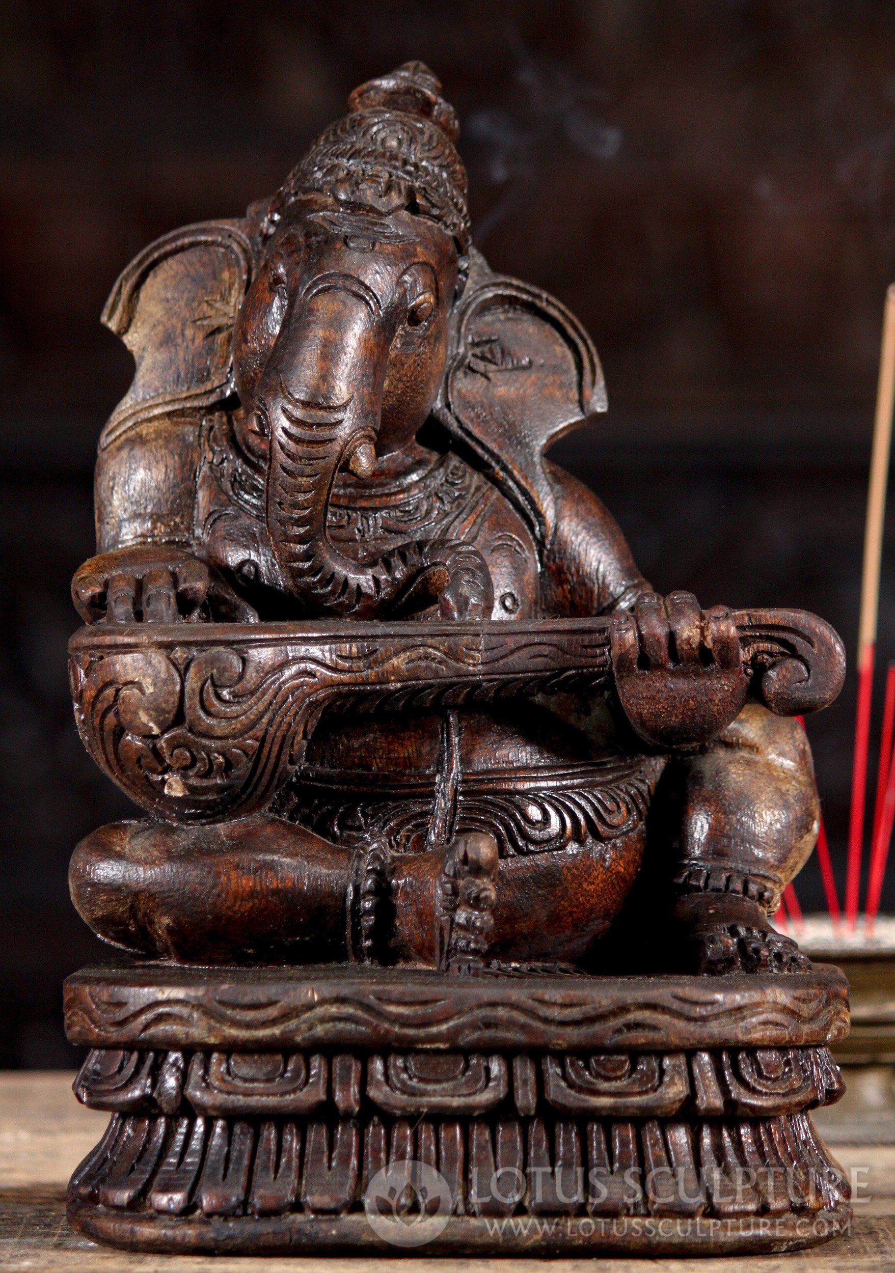 Musical Ganesh Playing Assorted Instruments Hand Carved Wood in South India 12"