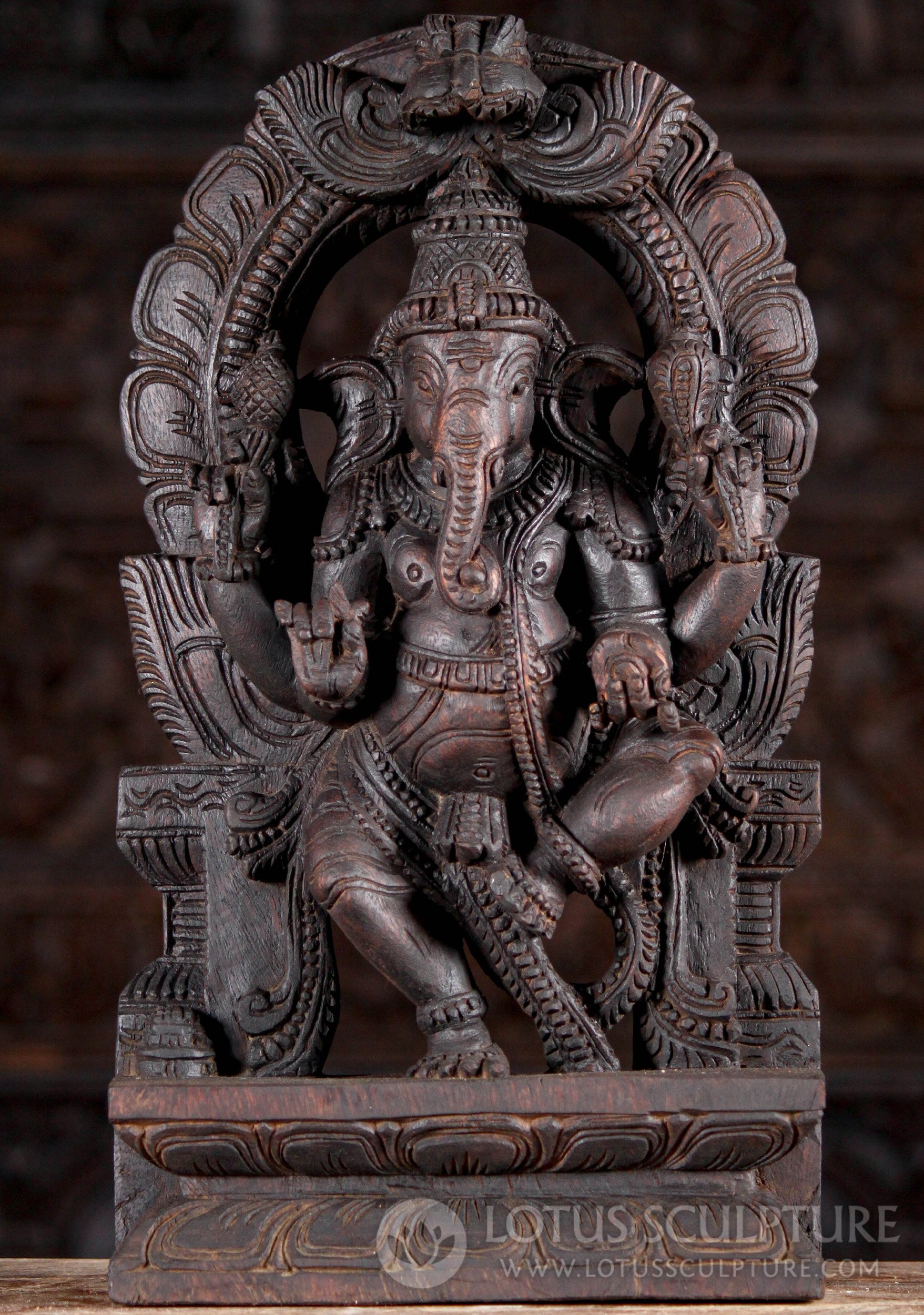 Ganesh Hand Carved Wood Statue Dancing Under Mahakala Arch 18"