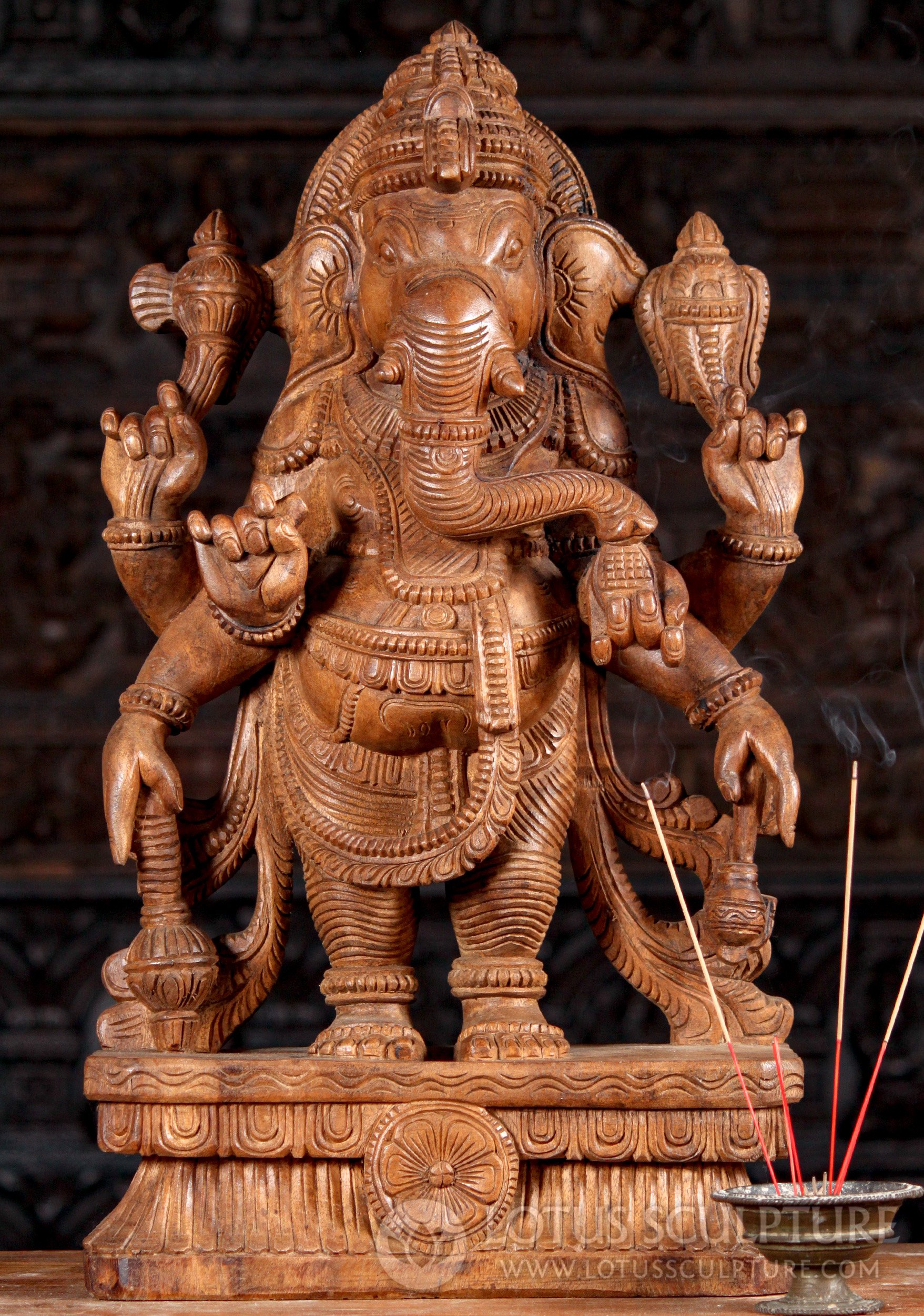 Ganesh Statue with Six Arms - Standing Hand-Carved South Indian Wood 24"