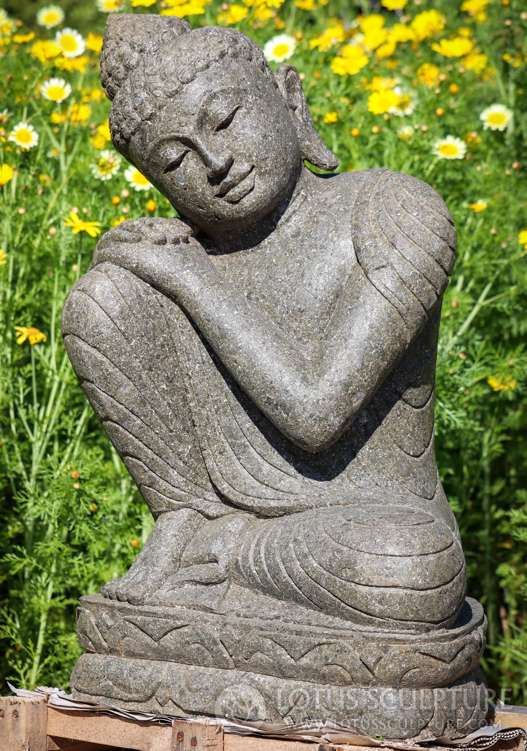 Buddha Statue Lava Stone Resting in Full Robes Outdoor Statue on Lotus Base 31"