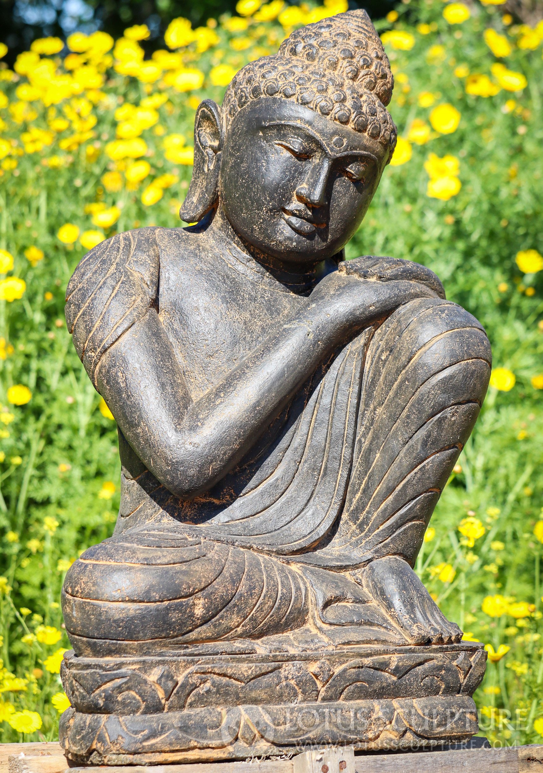 Buddha Statue Colored Stone Resting in Full Robes Outdoor Statue on Lotus Base 31"