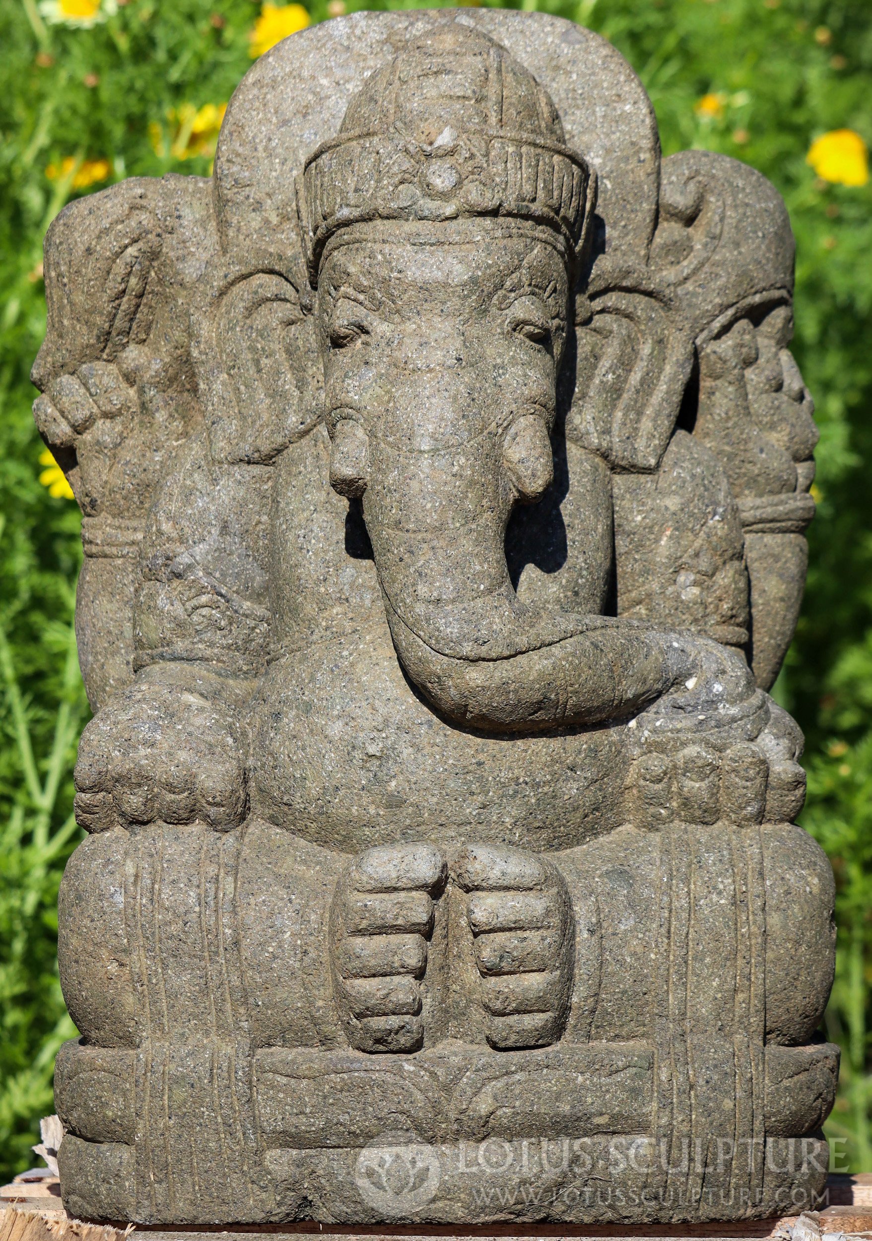 Ganesha Stone Sculpture - Hand Carved Deity on Double Lotus Base for Gardens 21"