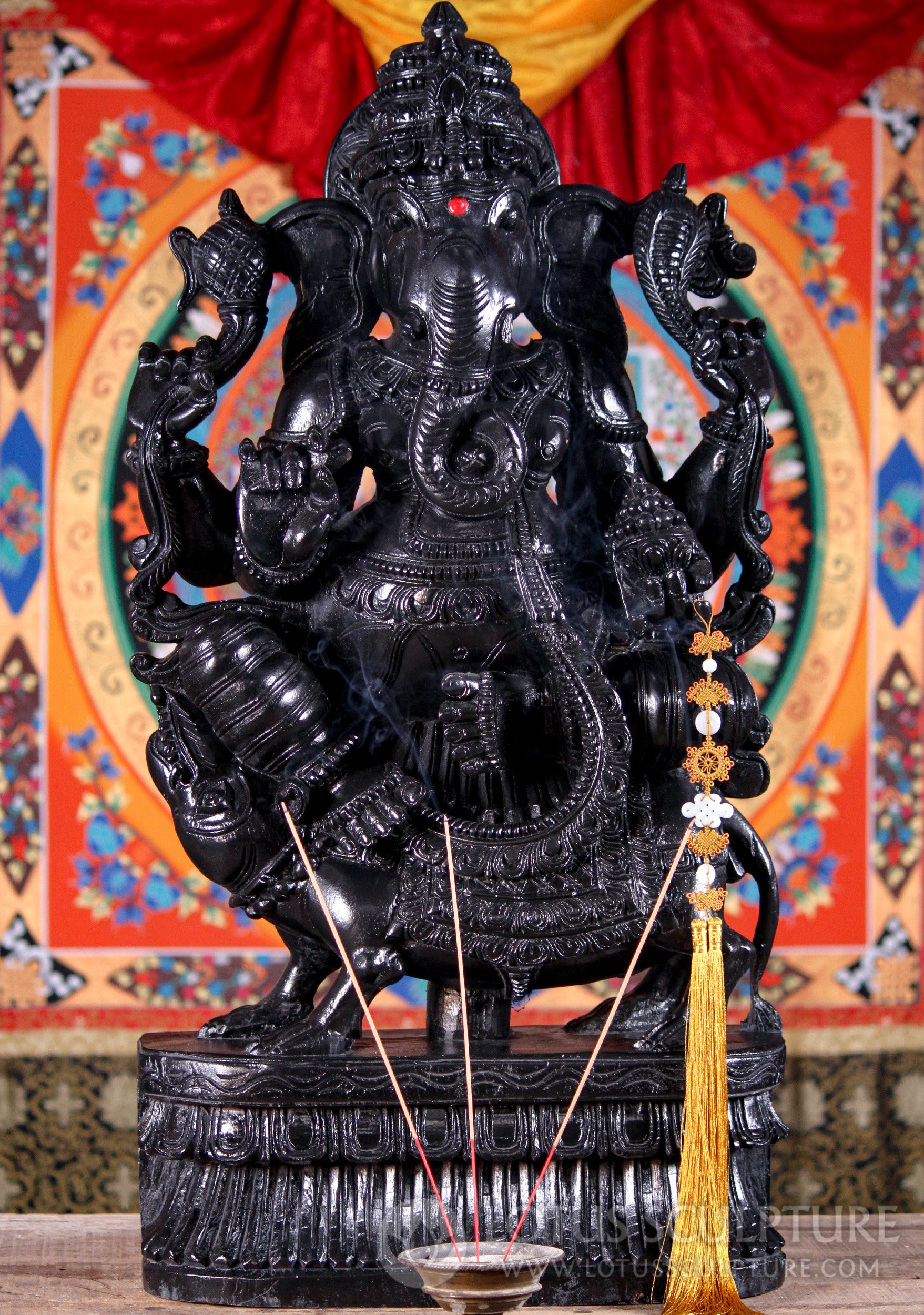 Ganesh Seated on Mooshika Statue Hand Carved Wood in Glossy Black 36"