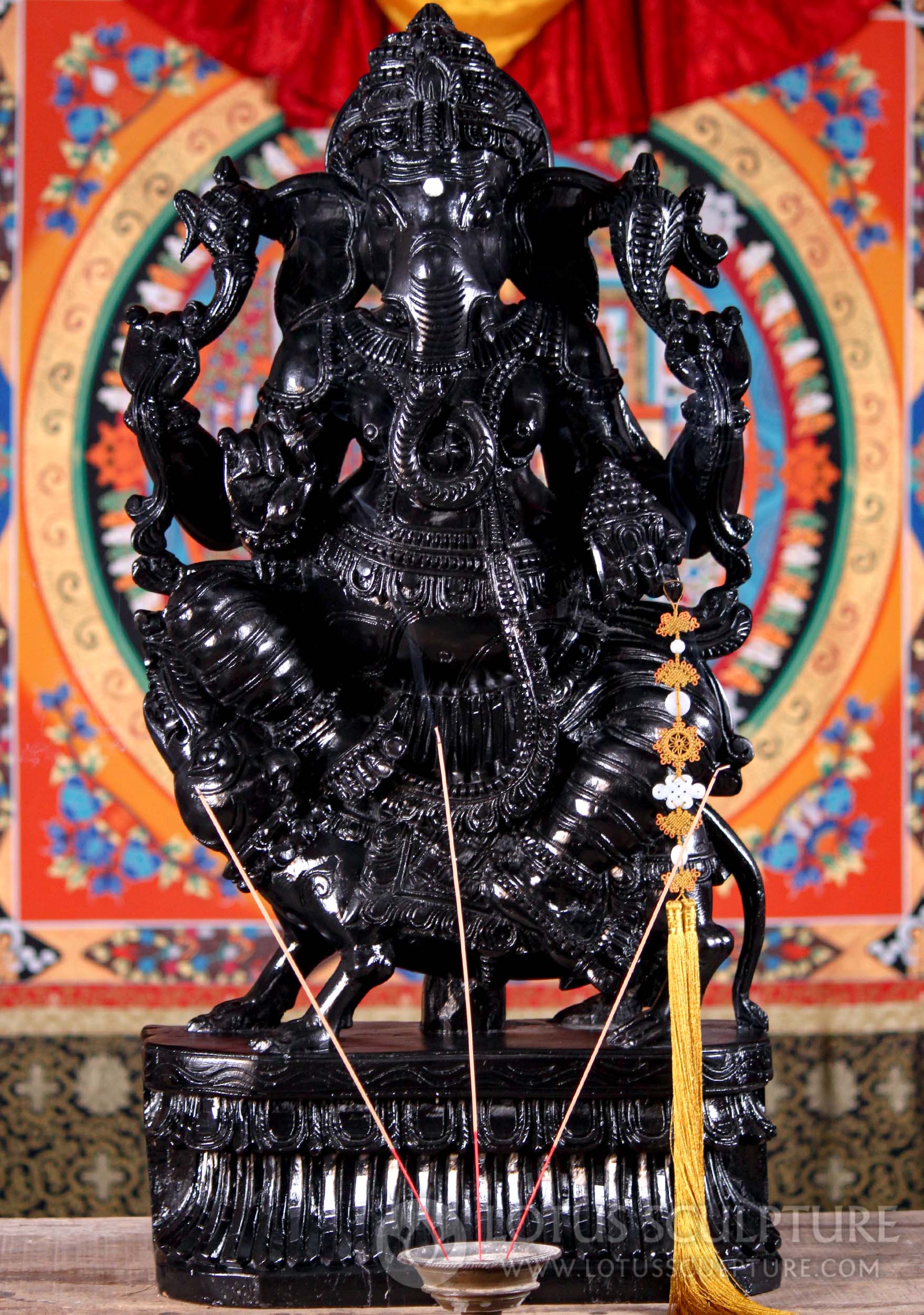 Ganesh Statue Hindu God Hand Carved Wood  in Glossy Black Seated on Mooshika 36"