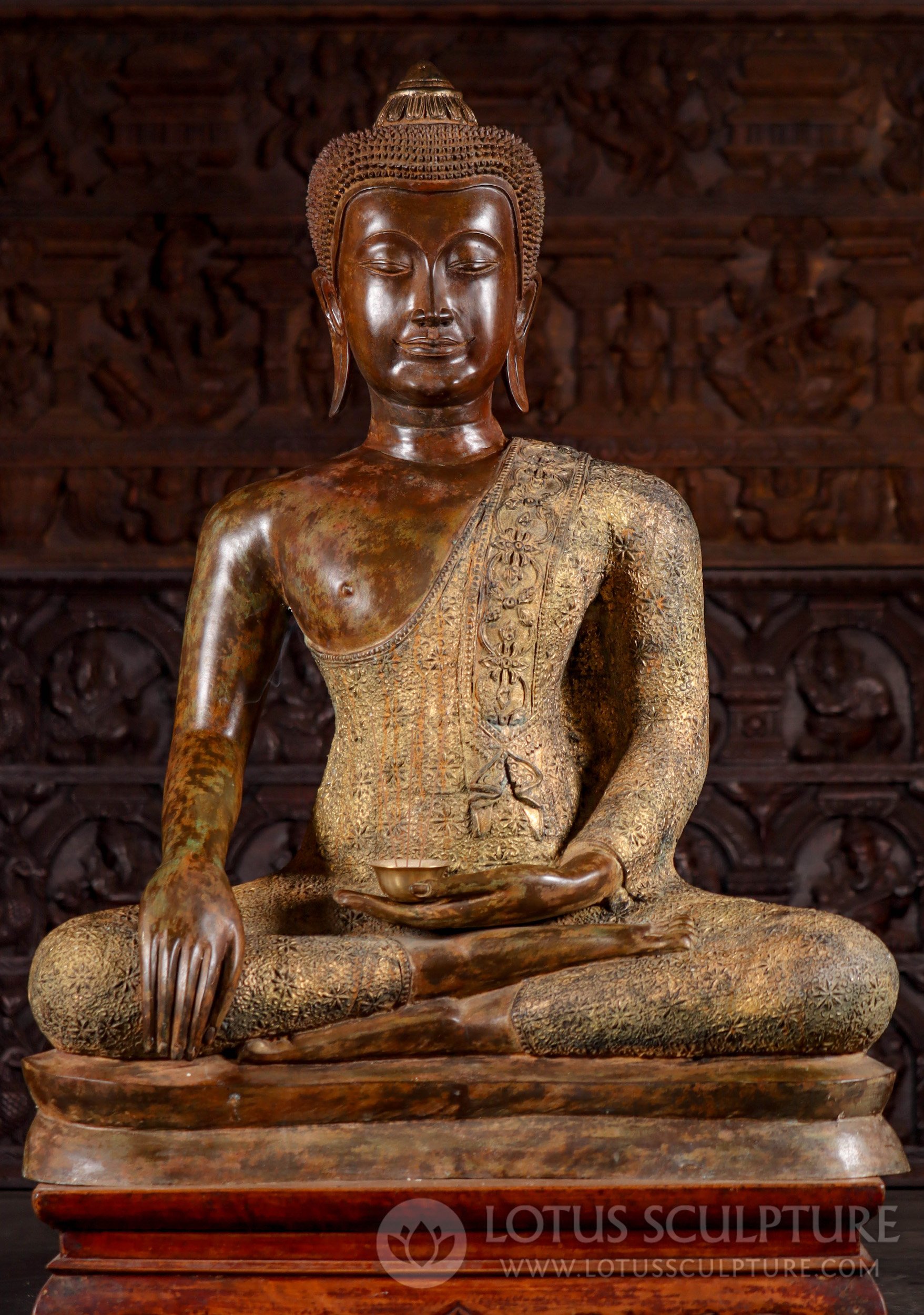 Antique Copper Thai Brass Buddha with Gold Leaf Floral Robes, Bhumisparsha Mudra 40"