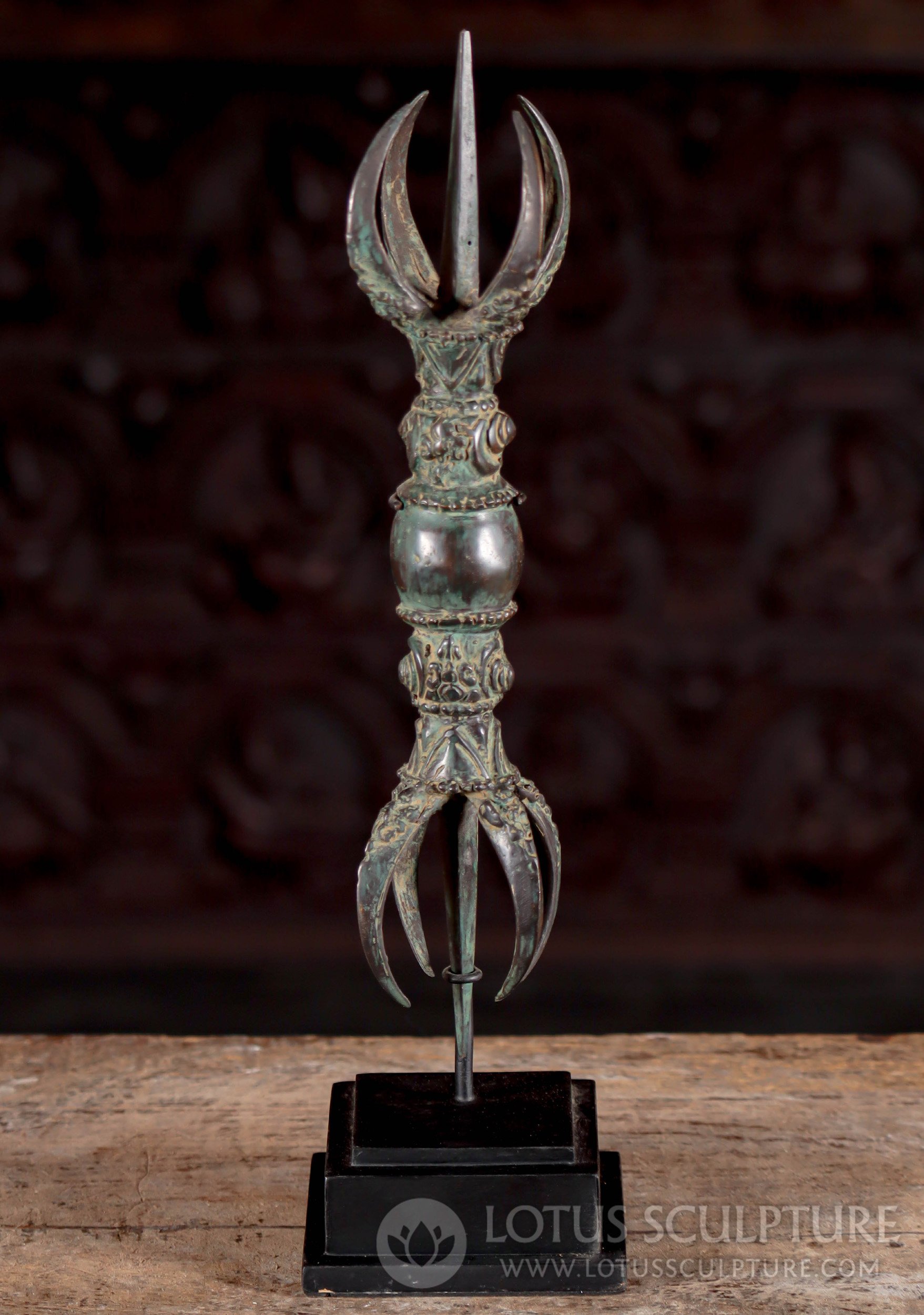 Double Dorje Vajra on Black Wooden Stand Indonesian Brass Traditional Ritual Item 15"